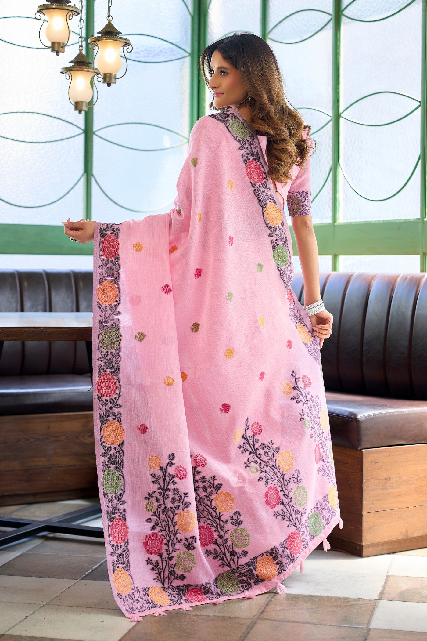 Buy MySilkLove Pastel Pink Floral Handloom Linen Saree Online