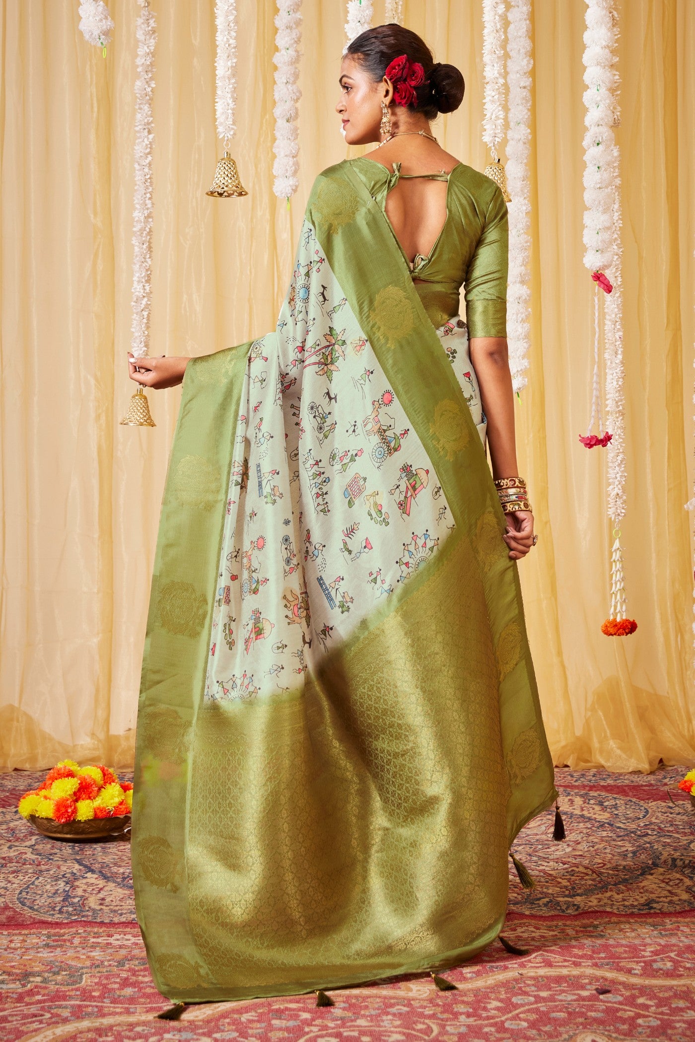 Buy MySilkLove Aloe Green Kalamkari Printed Saree Online