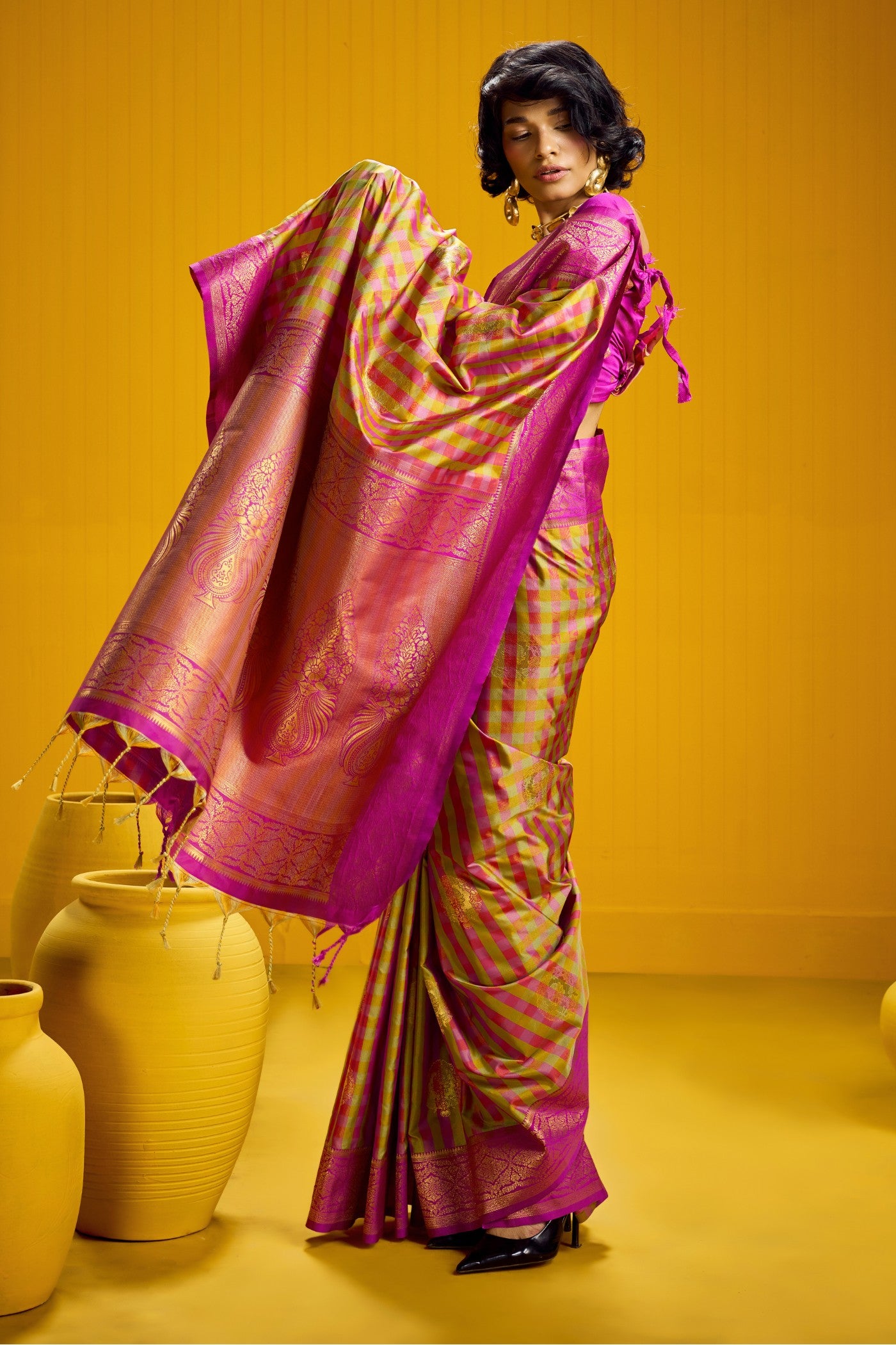 MySilkLove Pale Pink Banarasi Two Tone Checks Handloom Saree