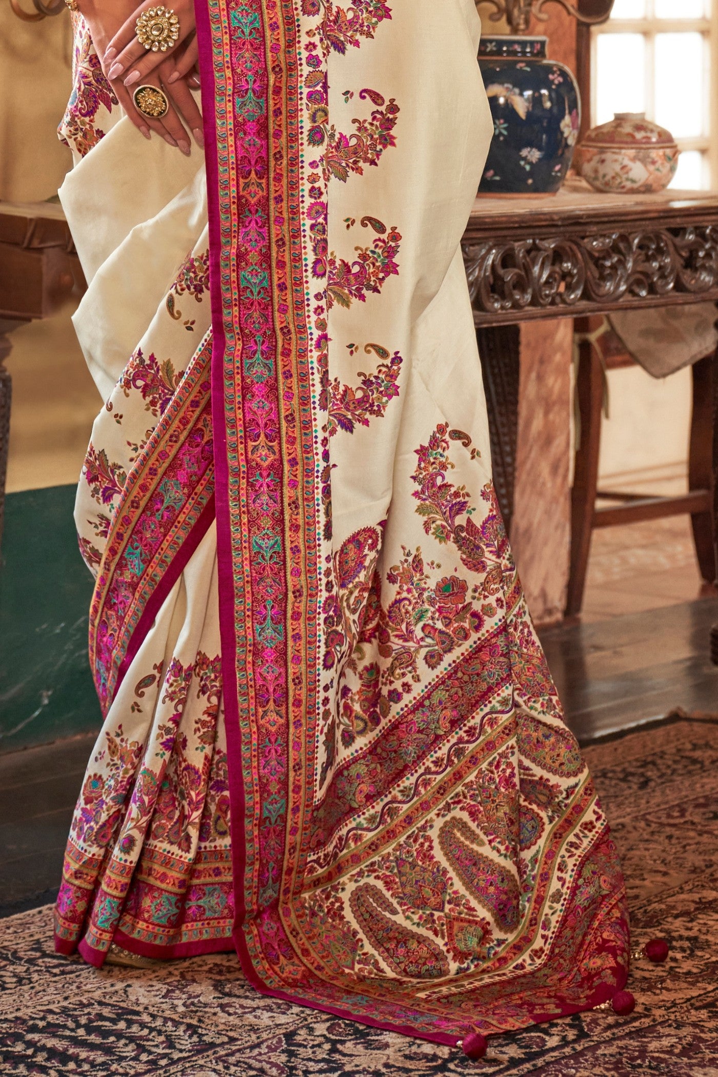 Buy MySilkLove Cashmere Cream Printed Banarasi Saree Online
