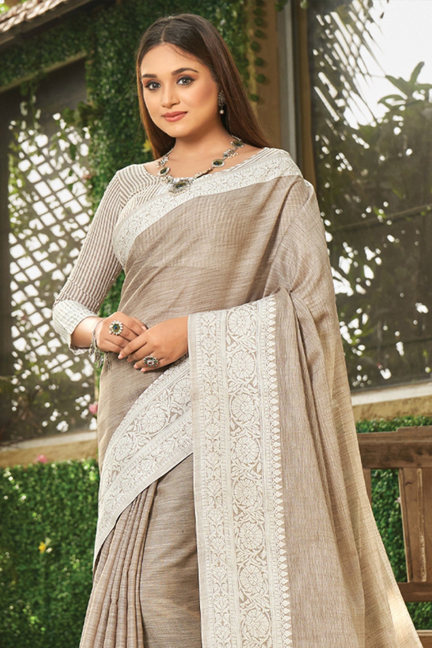 Buy MySilkLove Hazel Brown Handloom Linen Saree Online