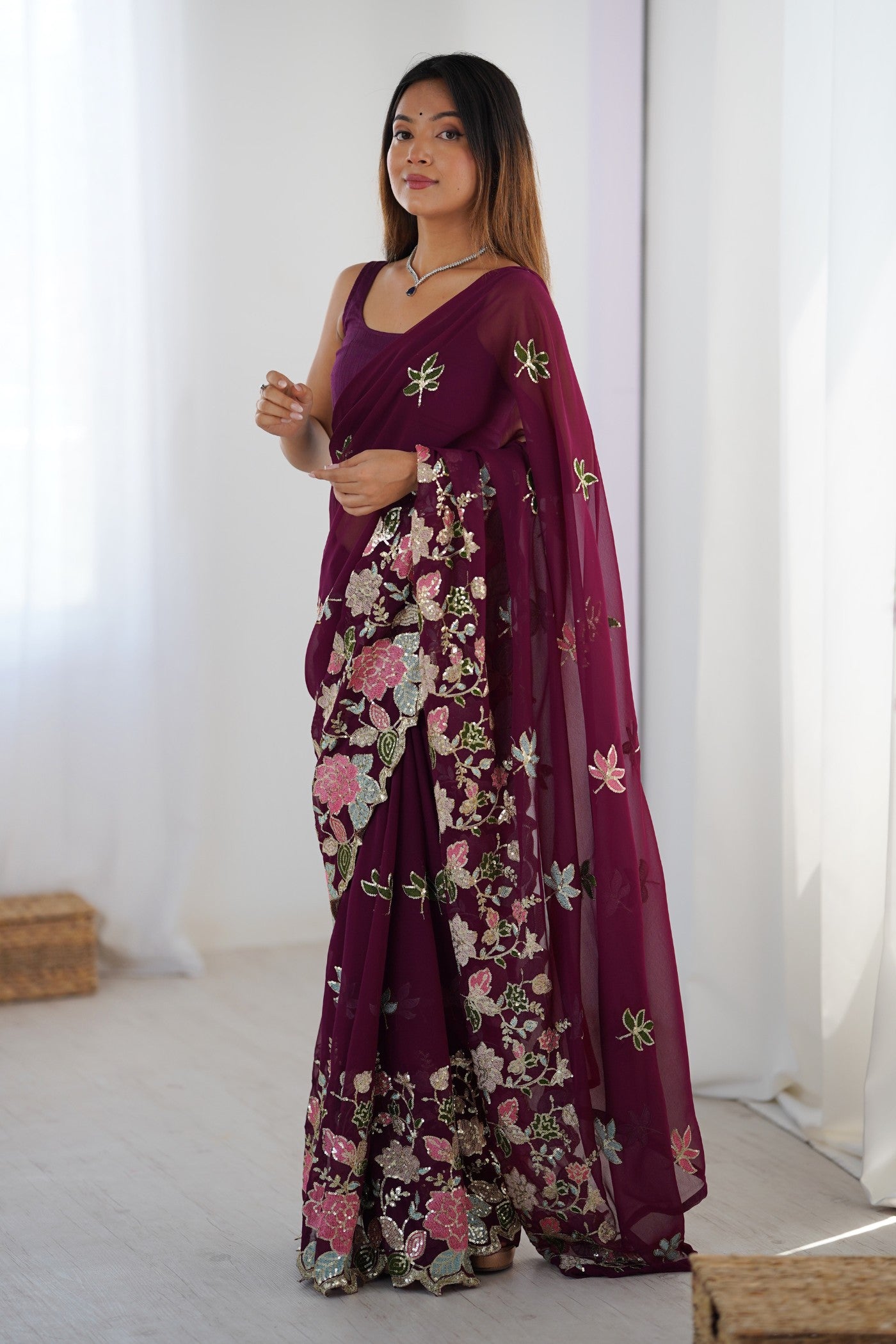 Buy MySilkLove Wine Purple Georgette Partwaer Saree Online