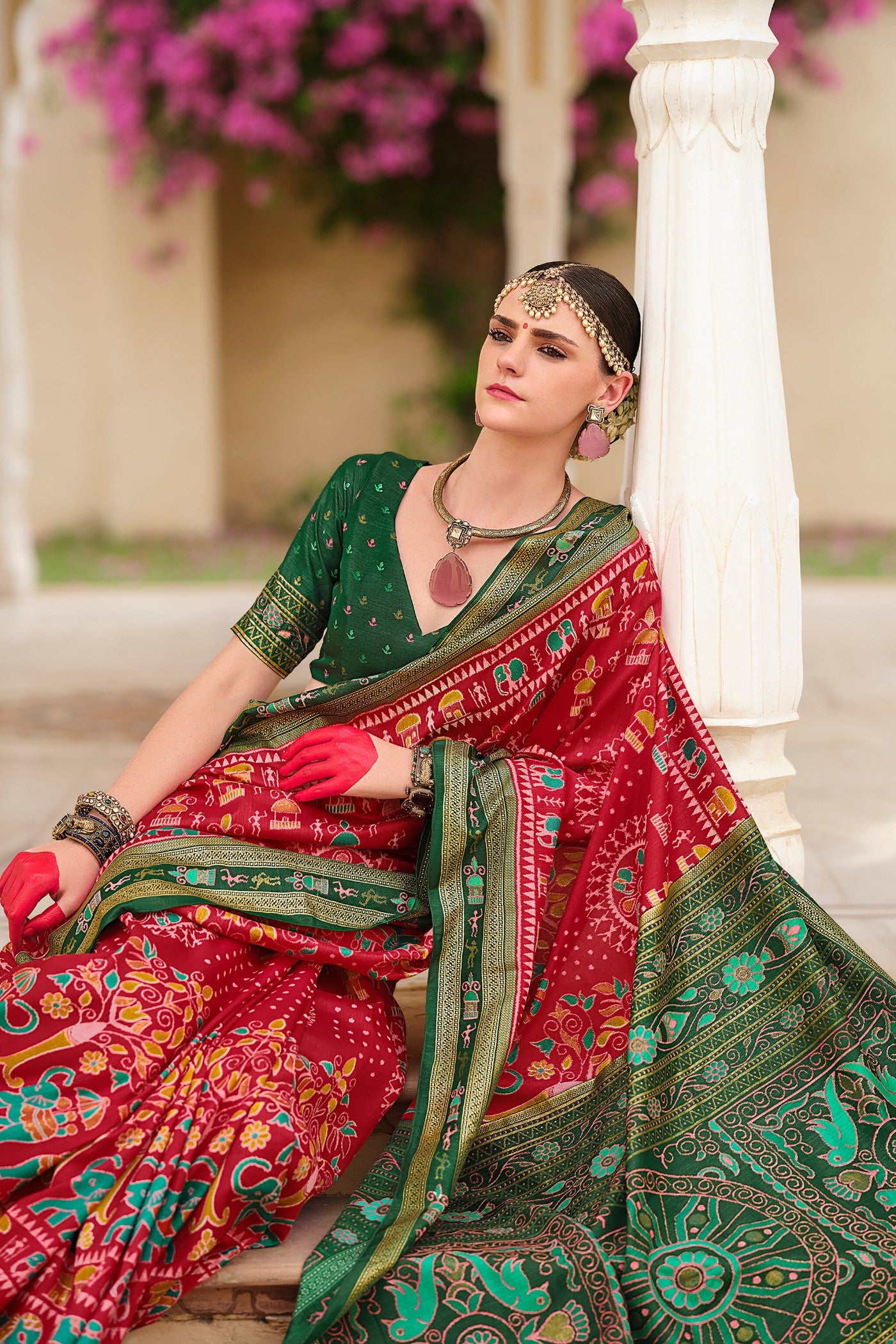 Buy MySilkLove Chilly Red and Green Printed Patola Saree Online