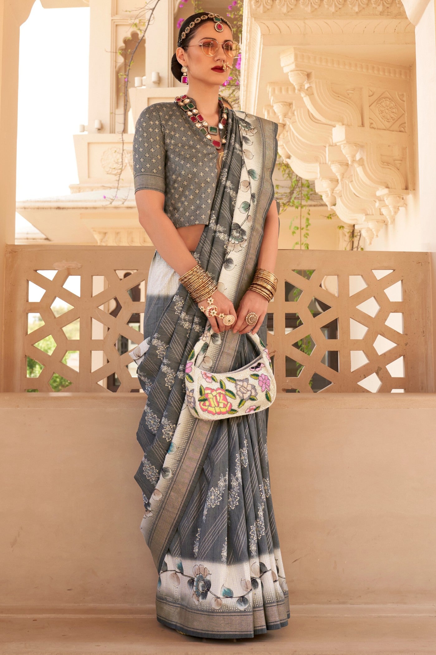 Buy MySilkLove Ironside Grey Floral Printed Banarasi Saree Online