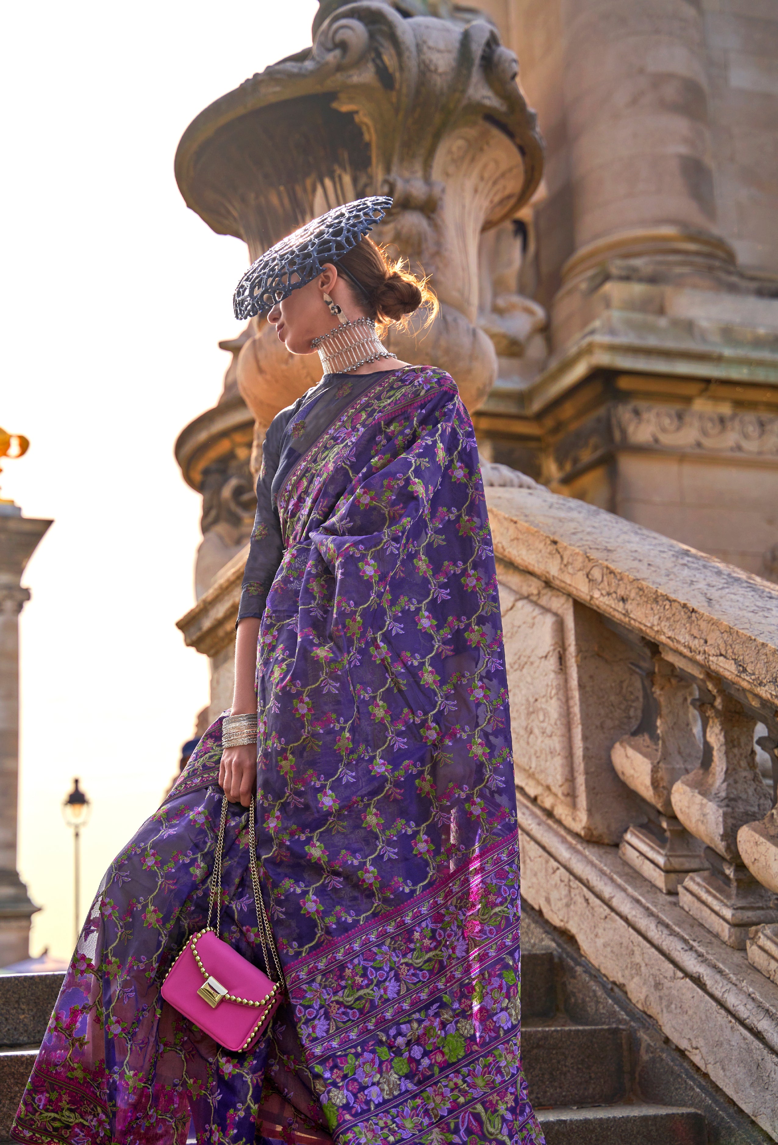 Buy MySilkLove Jamun Purple Organza Handloom Parsi Saree Online