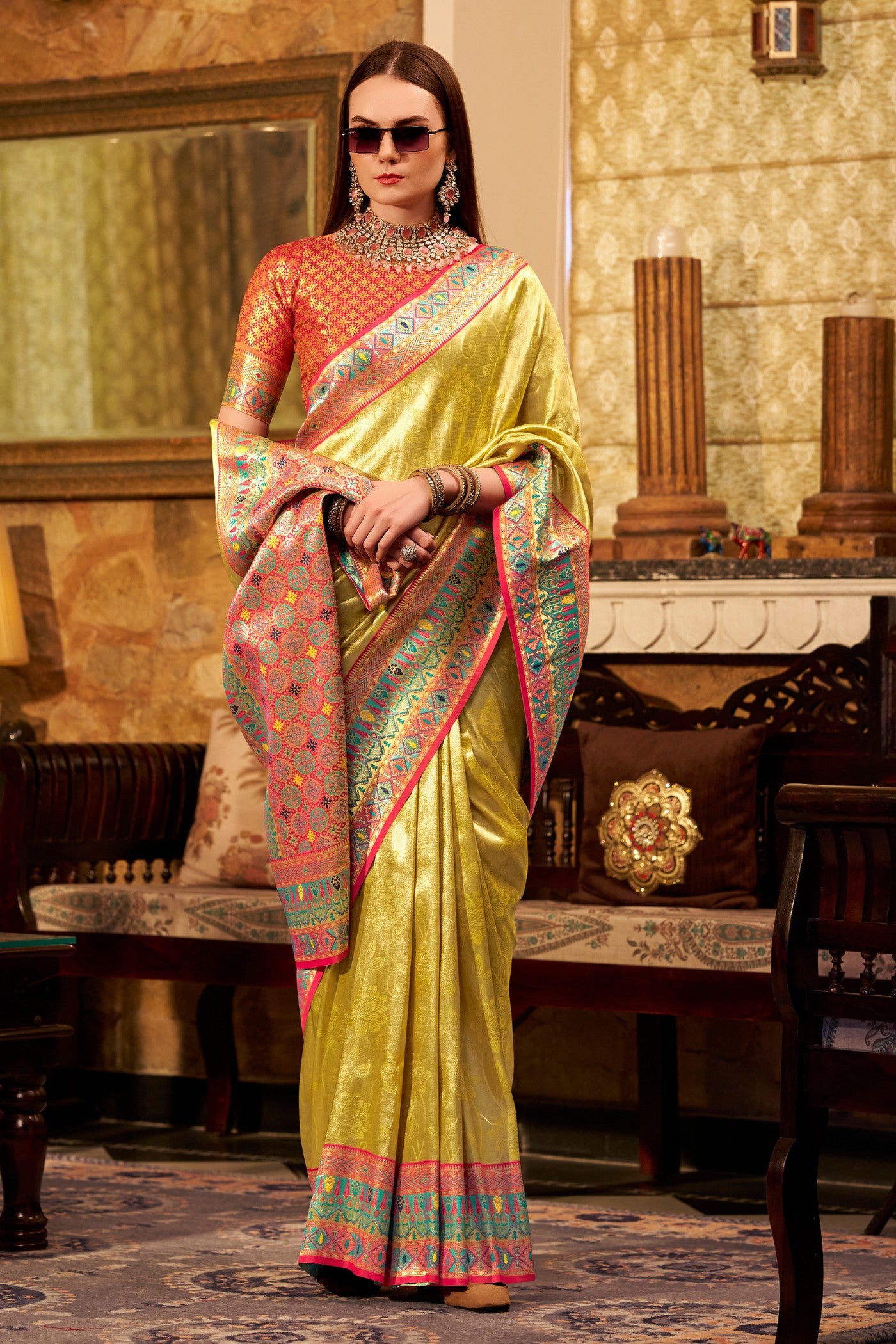 Buy MySilkLove Brass Yellow Zari Woven Tissue Silk Saree Online