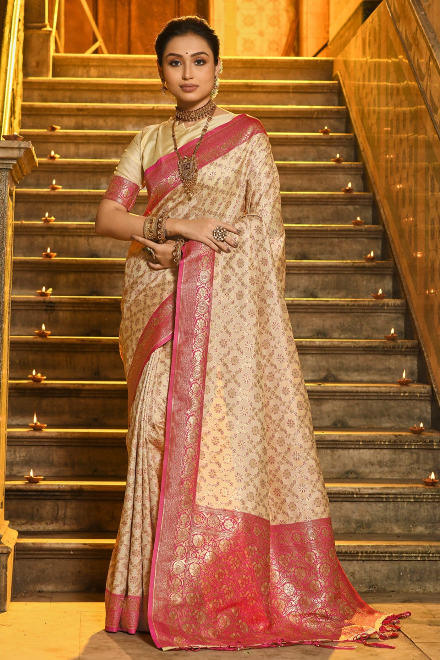 Buy MySilkLove Fawn Cream Woven Banarasi Saree Online