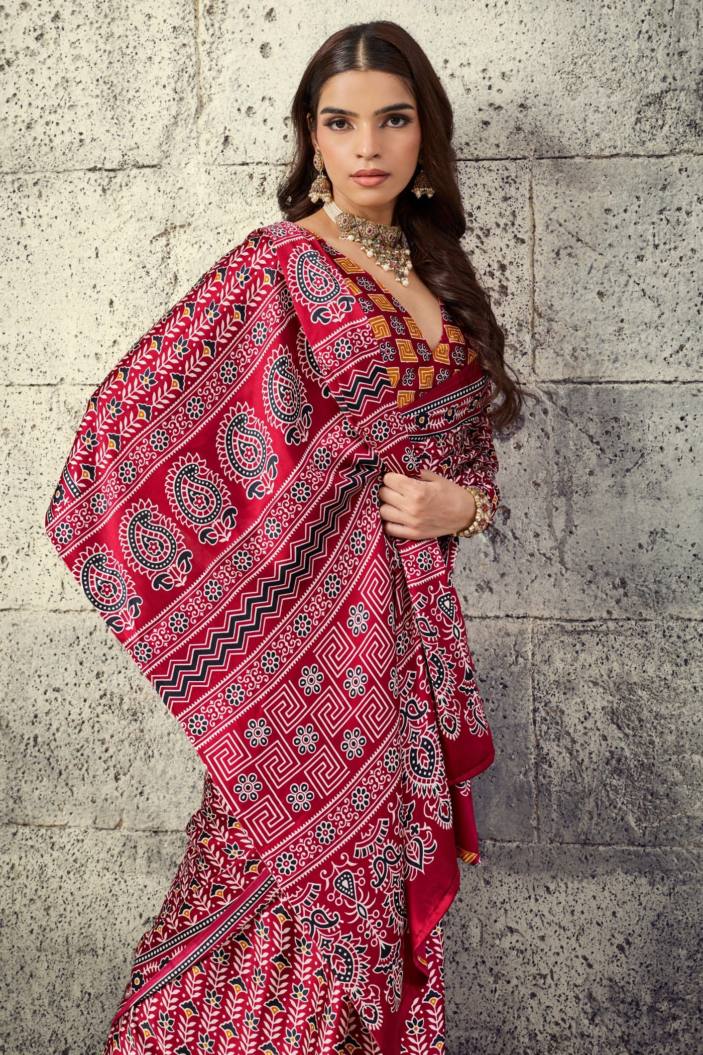 Buy MySilkLove Deep Maroon Modal Ajrakh Satin Printed Silk Saree Online