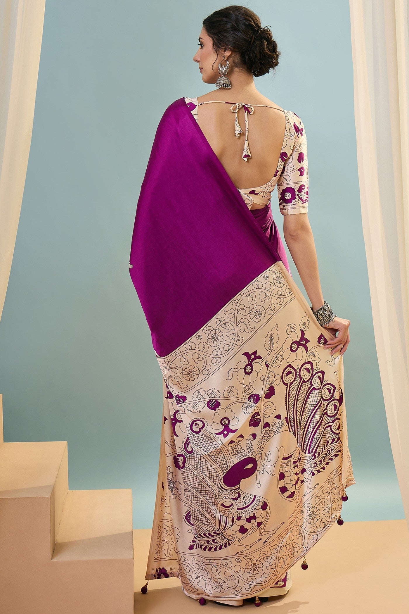 Buy MySilkLove Jam Purple Ajrakh Printed Satin Crepe Silk Saree Online