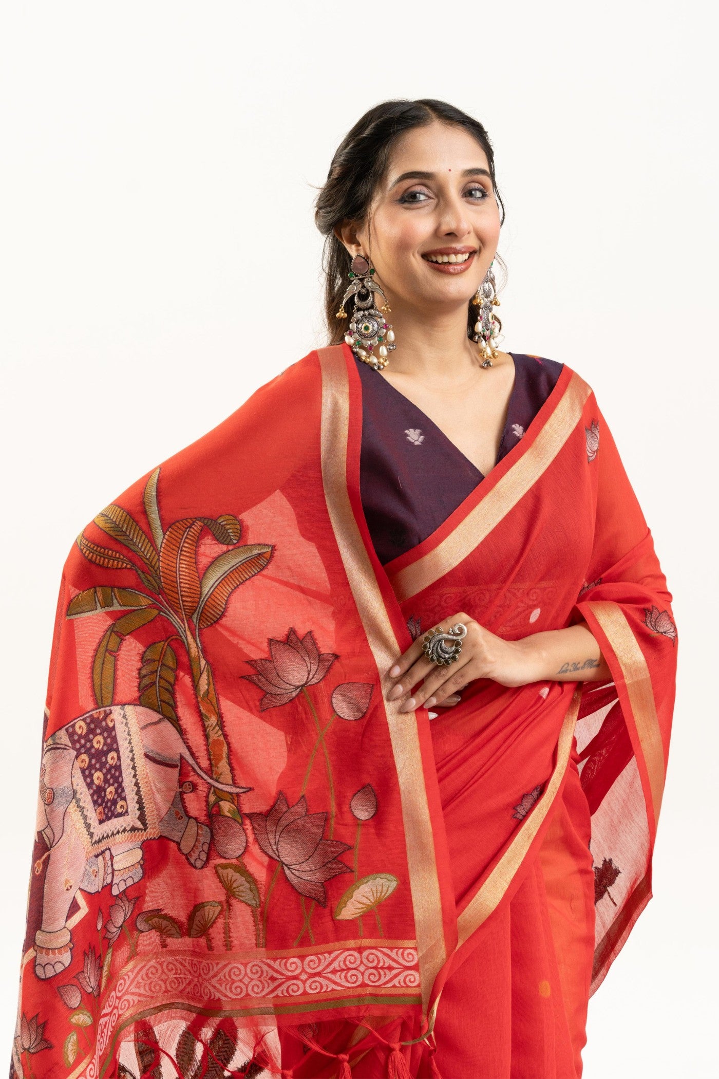 Buy MySilkLove Vermilion Glow Red Woven Soft Muga Cotton Saree Online