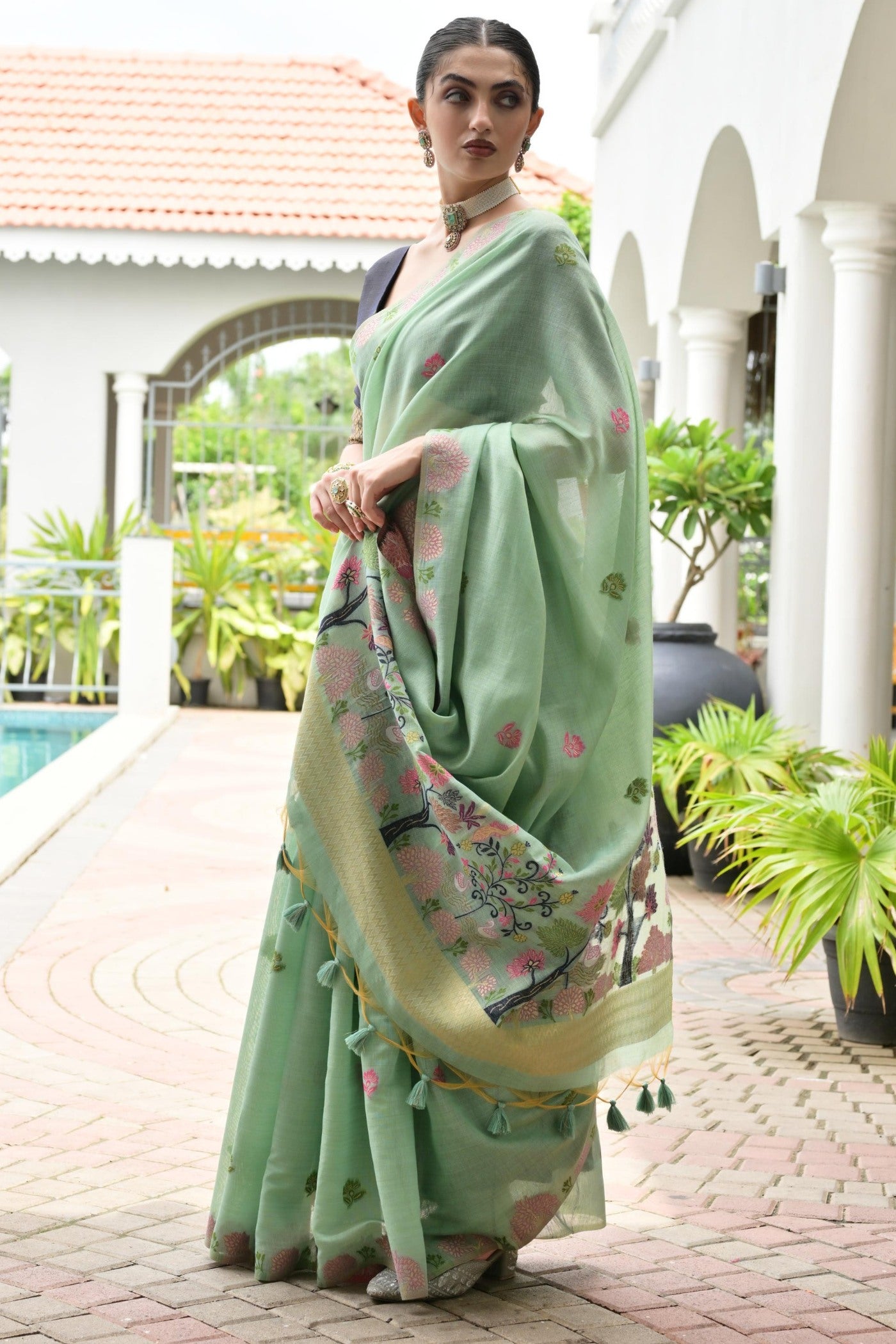 Buy MySilkLove Mentor Green Woven Muga Cotton Saree Online