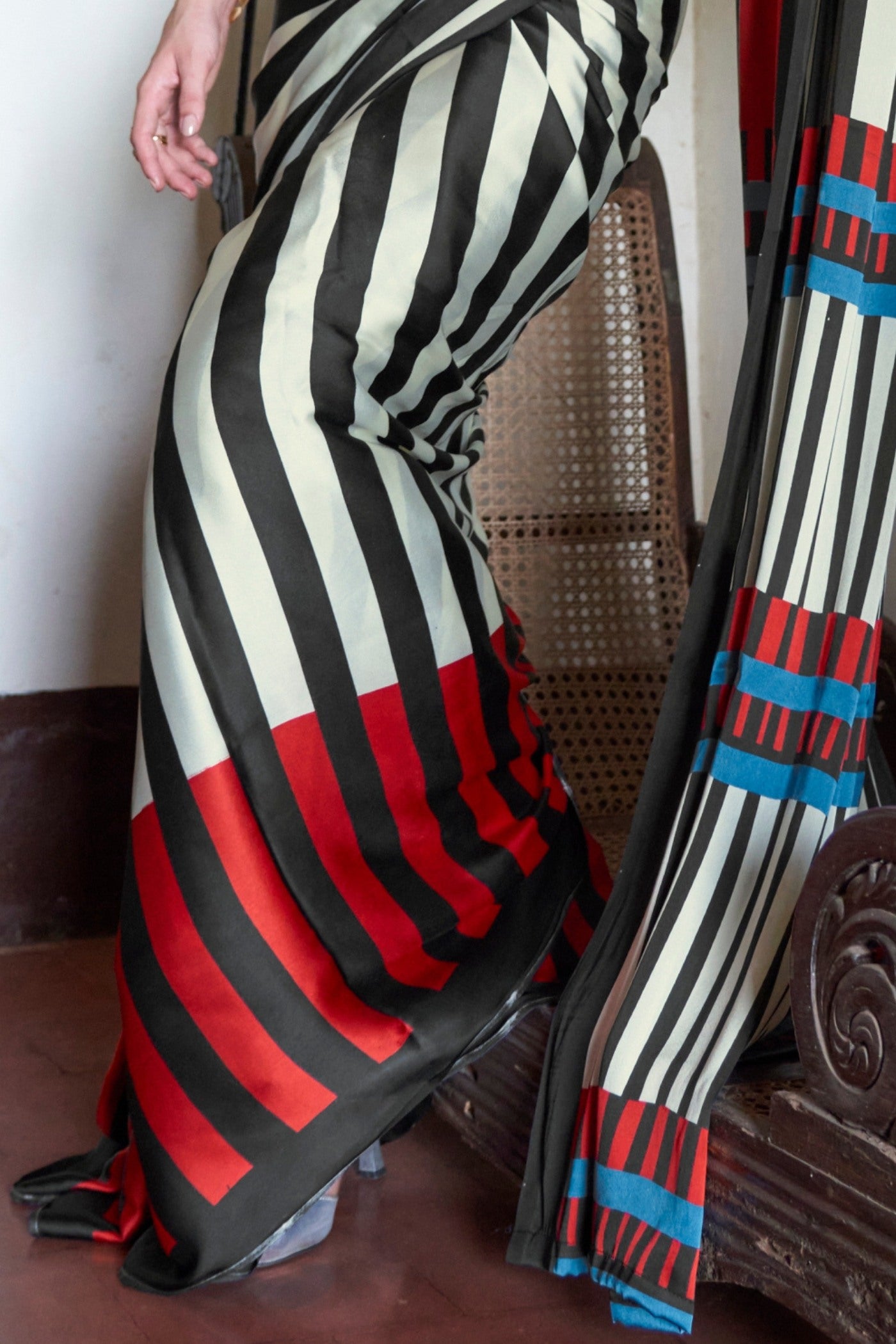 Buy MySilkLove Crow Black and White Stripes Printed Satin Crepe Silk Saree Online