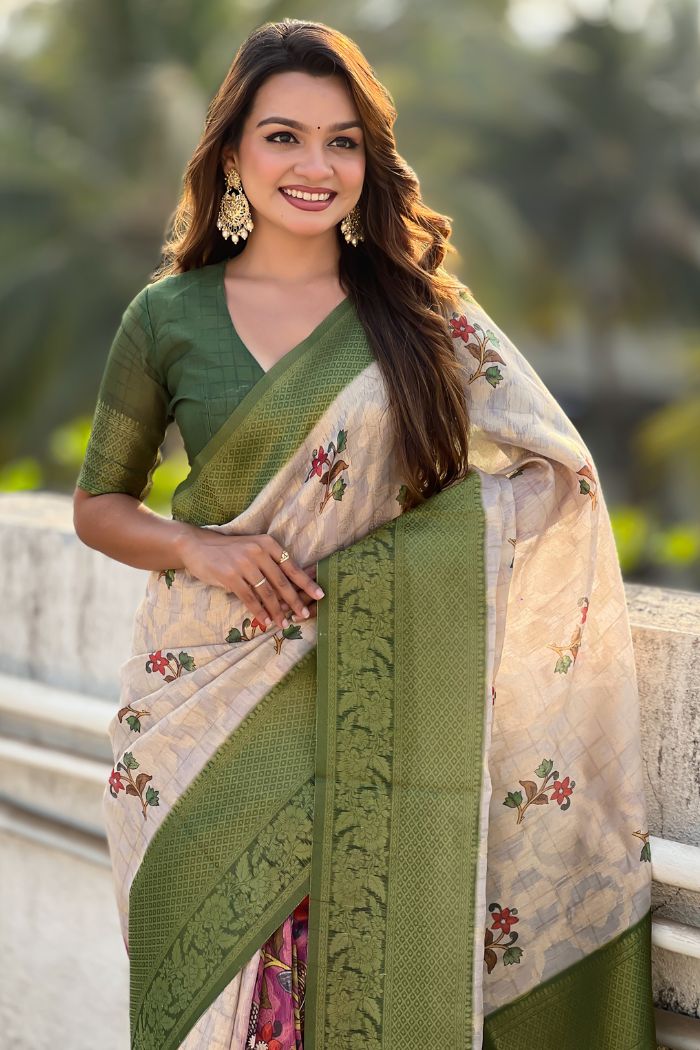 Buy MySilkLove Heathered Cream and Green Woven Cotton Saree Online