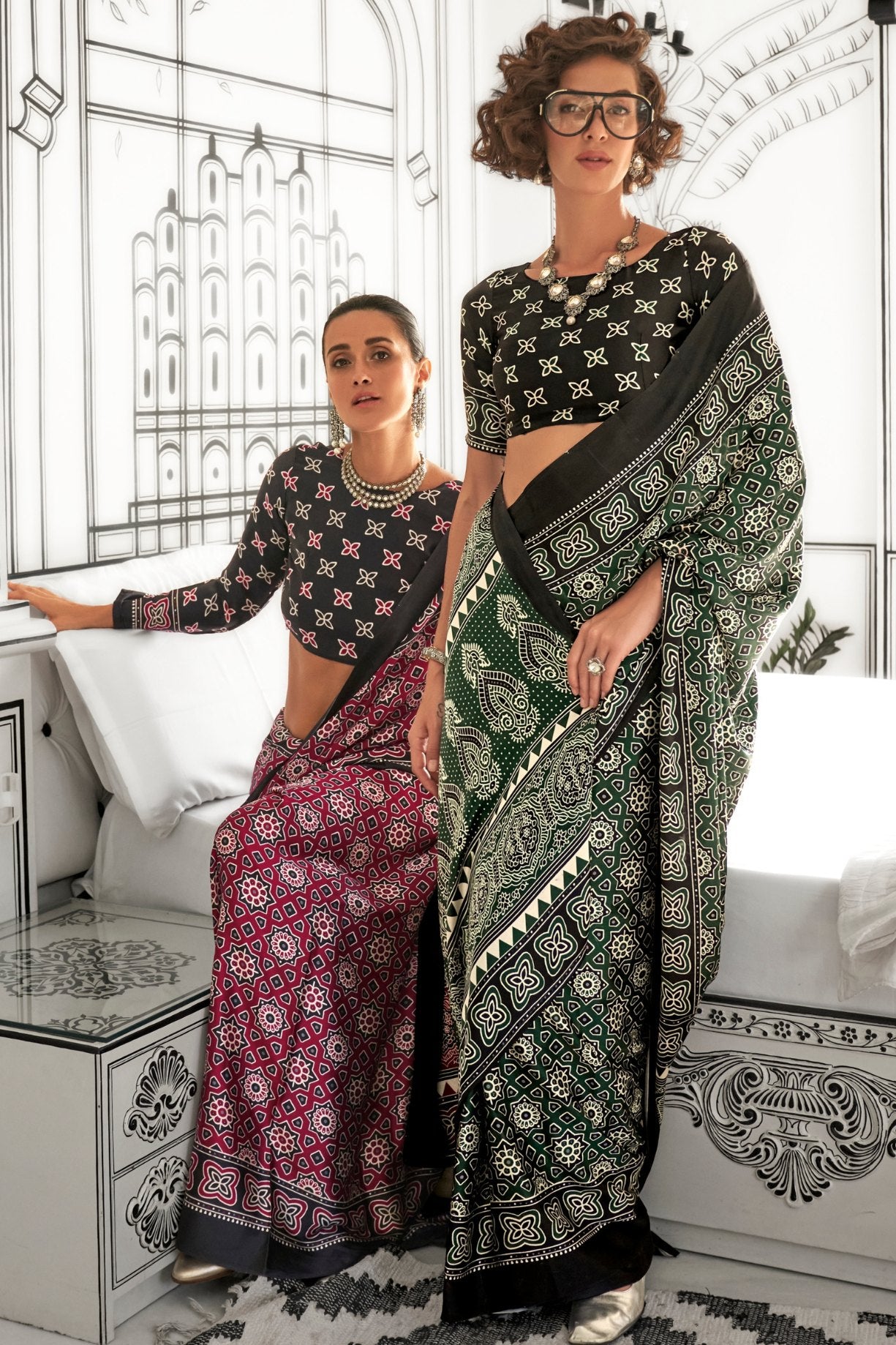 Buy MySilkLove Tawny Port Maroon Printed Ajrakh Satin Crepe Saree Online