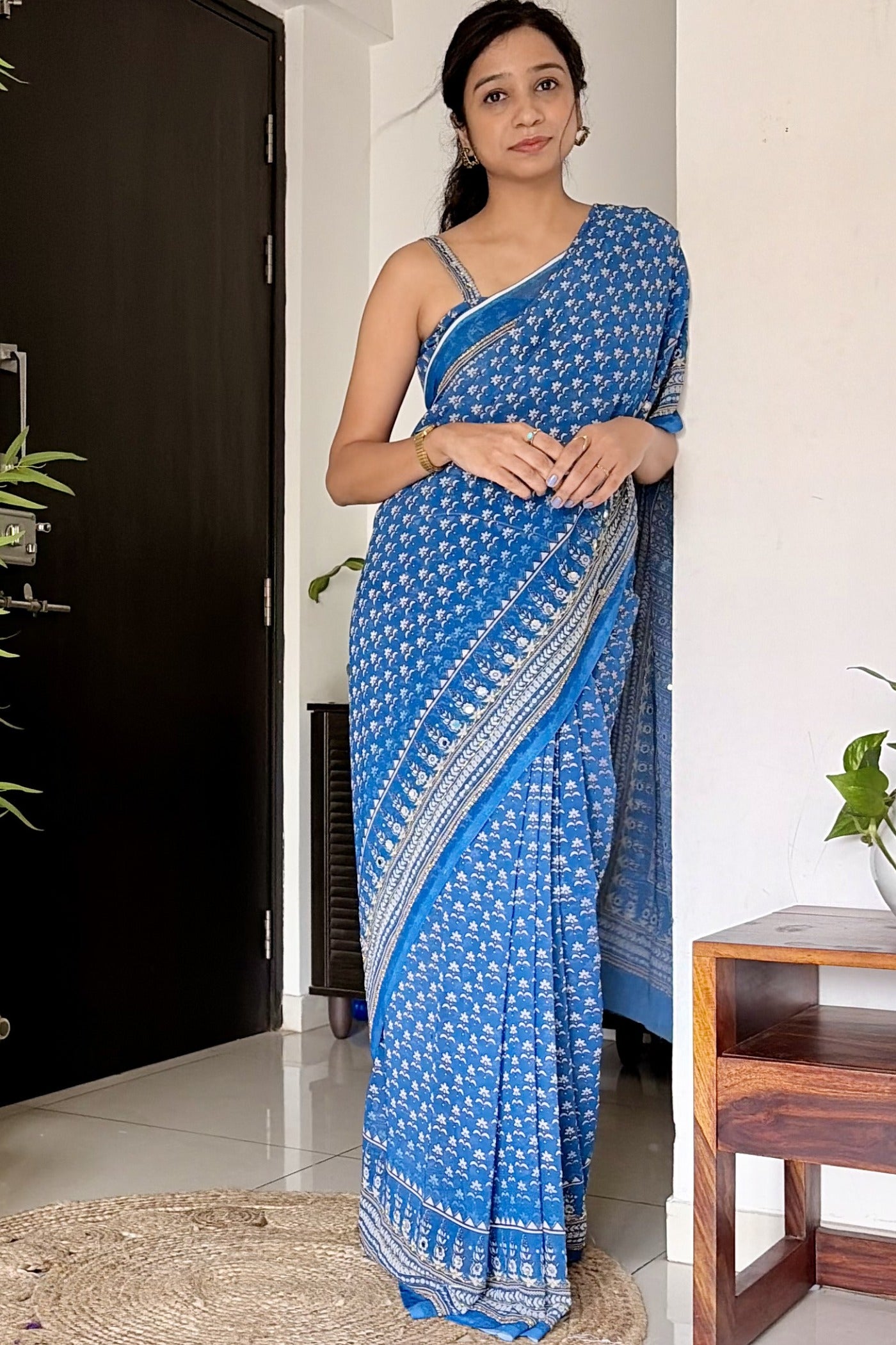 Buy MySilkLove Calypso Blue Ajrakh Georgette Printed Mirror Work Saree Online