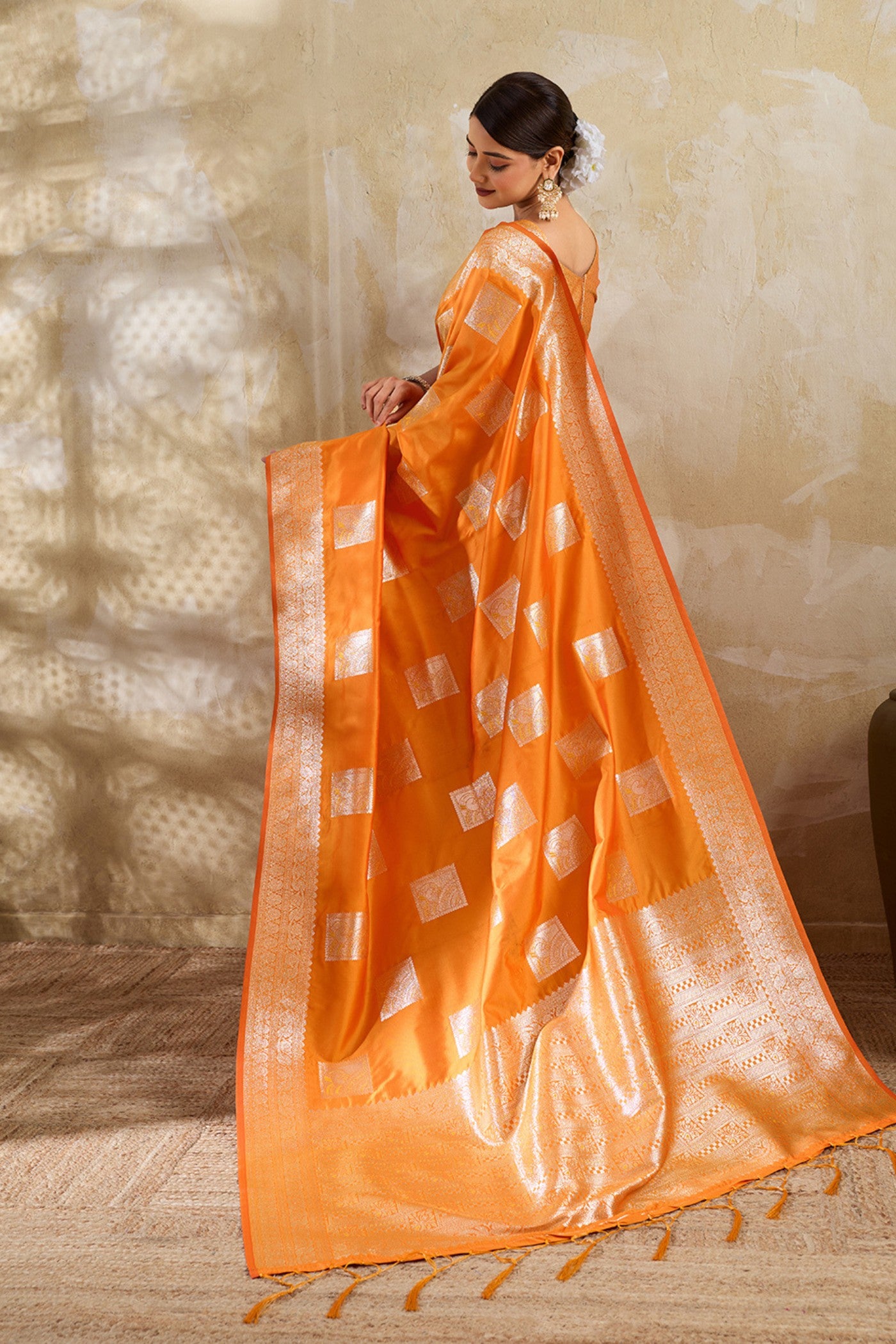 Buy MySilkLove Tomato Orange Woven Banarasi Soft Silk Saree Online