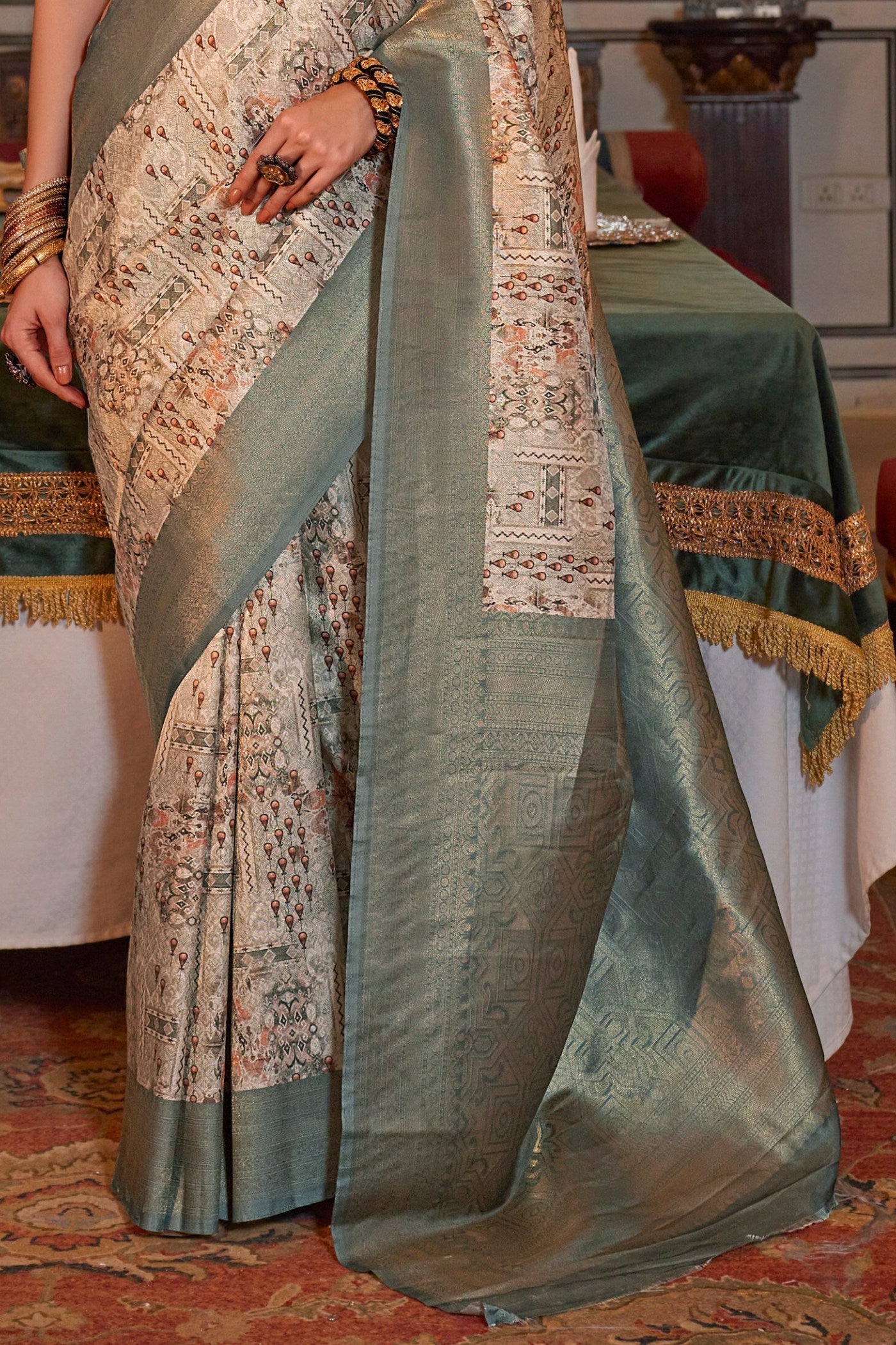 Buy MySilkLove Locust Cream and Grey Banarasi Digital Printed Saree Online