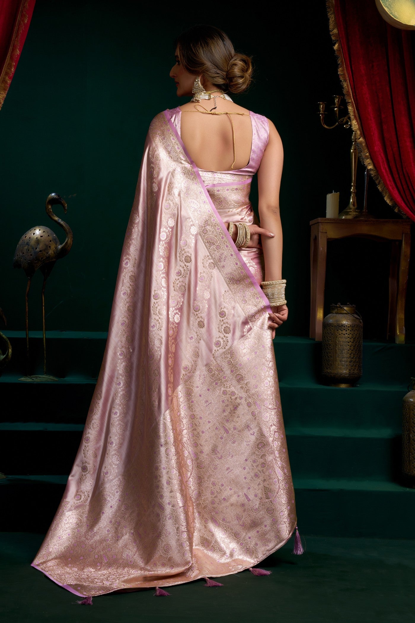 Buy MySilkLove Cameo Pink Banarasi Handloom Satin Soft Silk Saree Online
