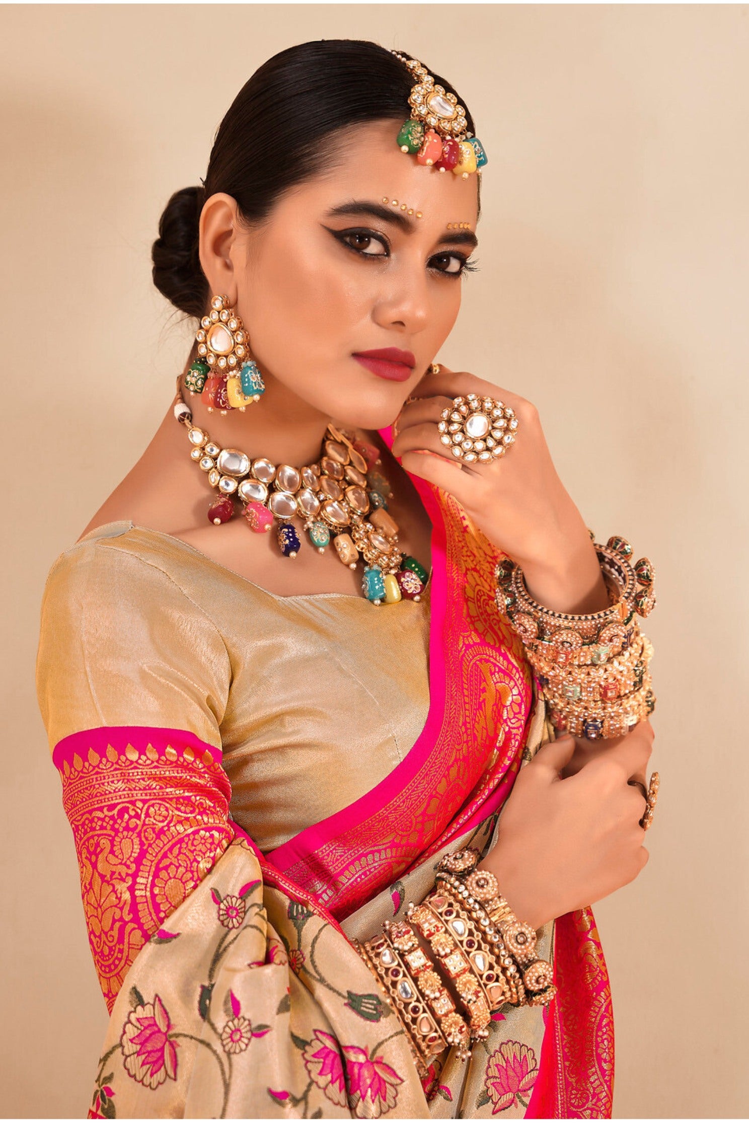 Buy MySilkLove Wheat Cream and Pink Zari Woven Banarasi Saree Online