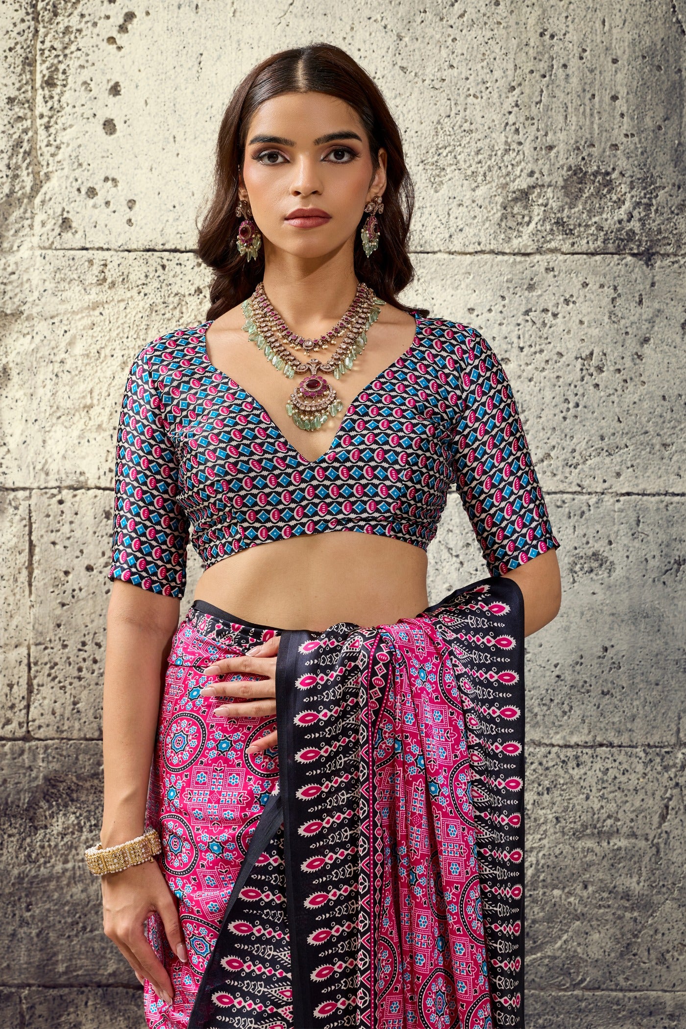 Buy MySilkLove Magenta Pink Modal Ajrakh Satin Printed Silk Saree Online
