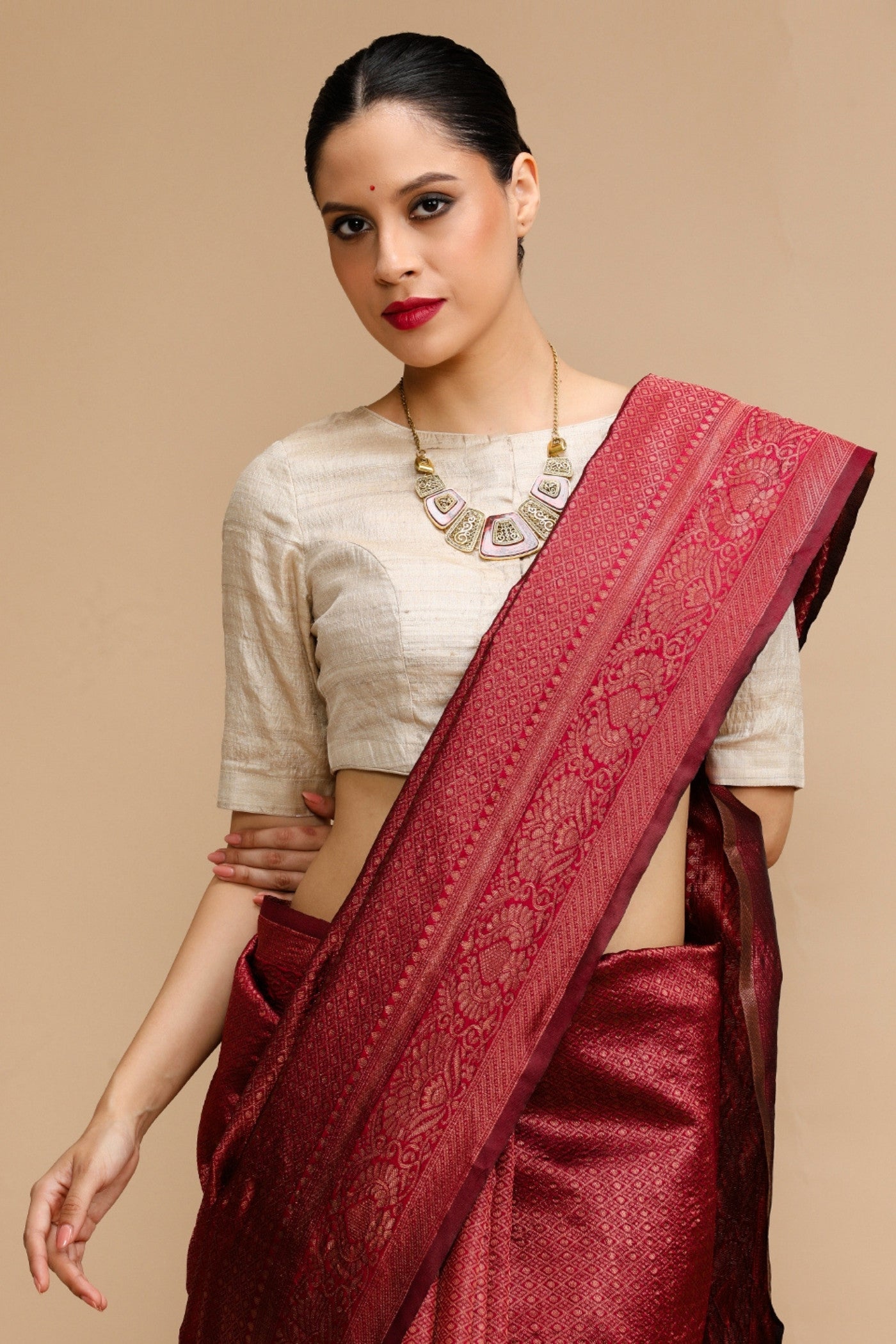 Buy MySilkLove Bordeaux Maroon Woven Jacquard Lichi Silk Saree Online