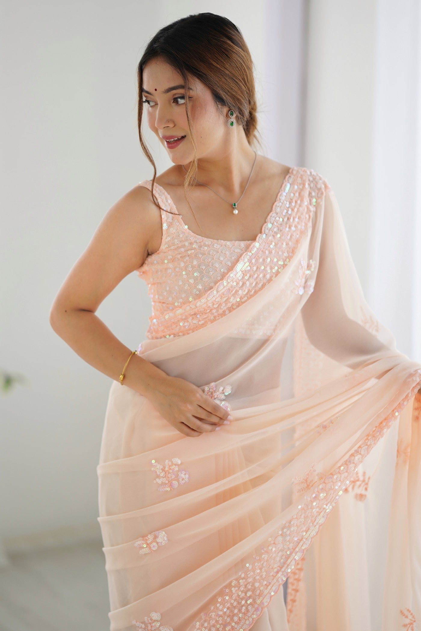 Buy MySilkLove Salmon Peach Georgette Partywear Saree Online