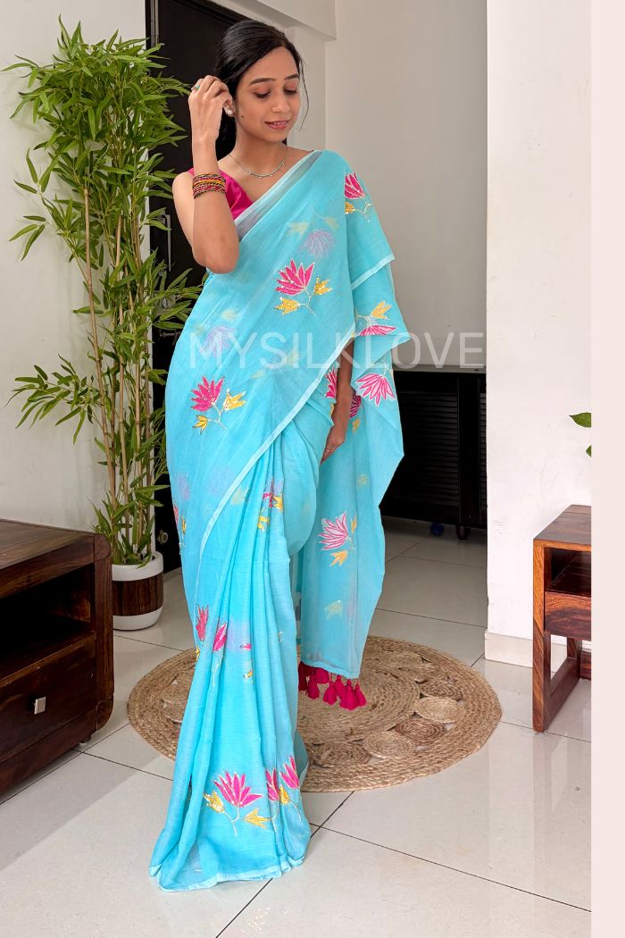 Buy MySilkLove Ocean Blue Pure Mul Mul Cotton Lotus Sequin Work Saree Online