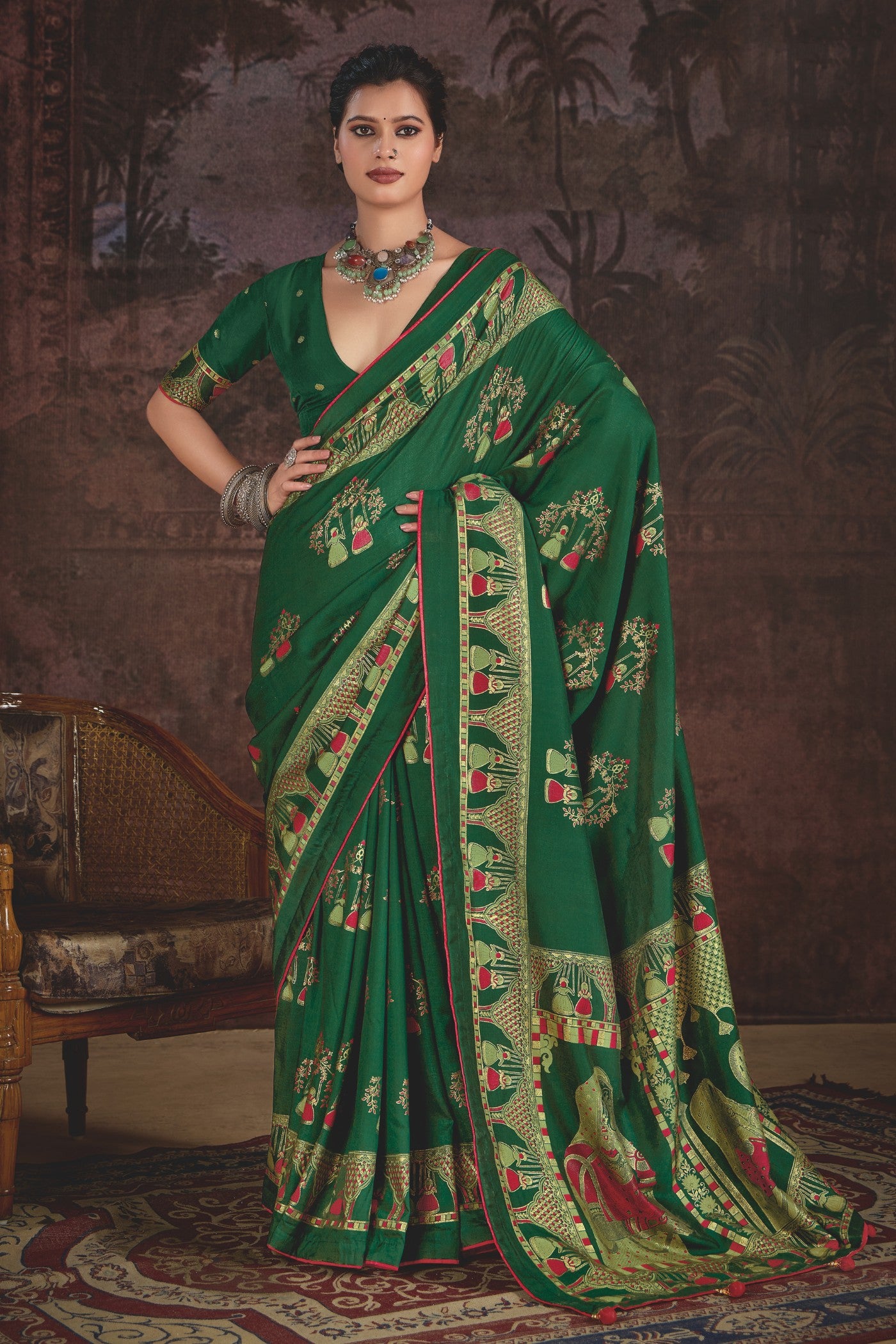 Buy MySilkLove Dark Leaf Green Tussar Rajwadi Printed Silk Saree Online