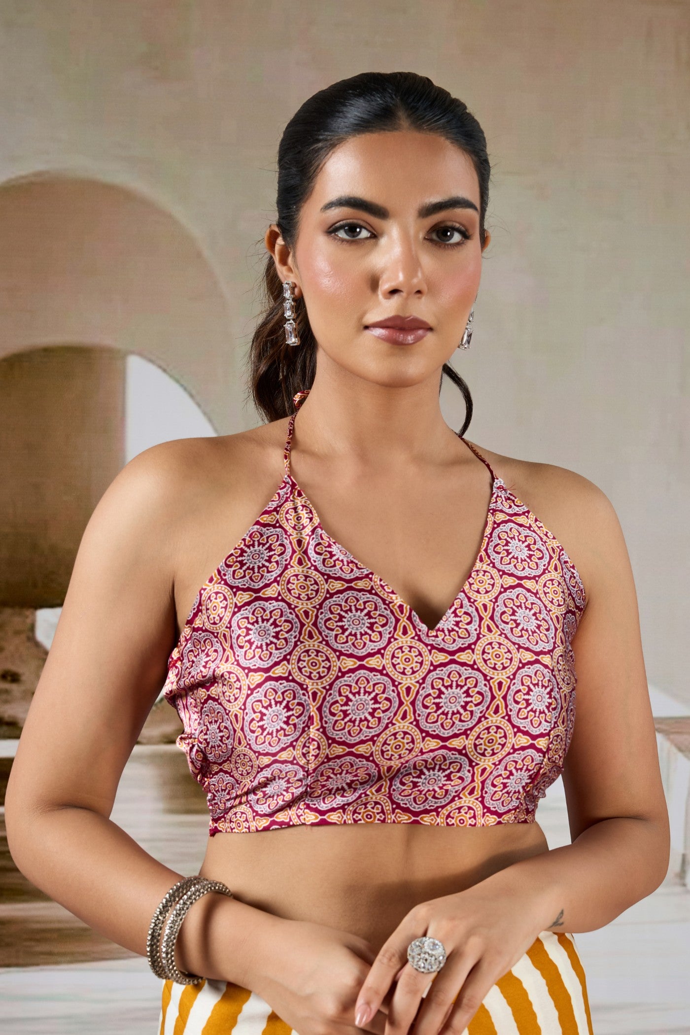 Buy MySilkLove Mango Pop Yellow Stripe Ajrakh Printed Satin Crepe Silk Saree Online