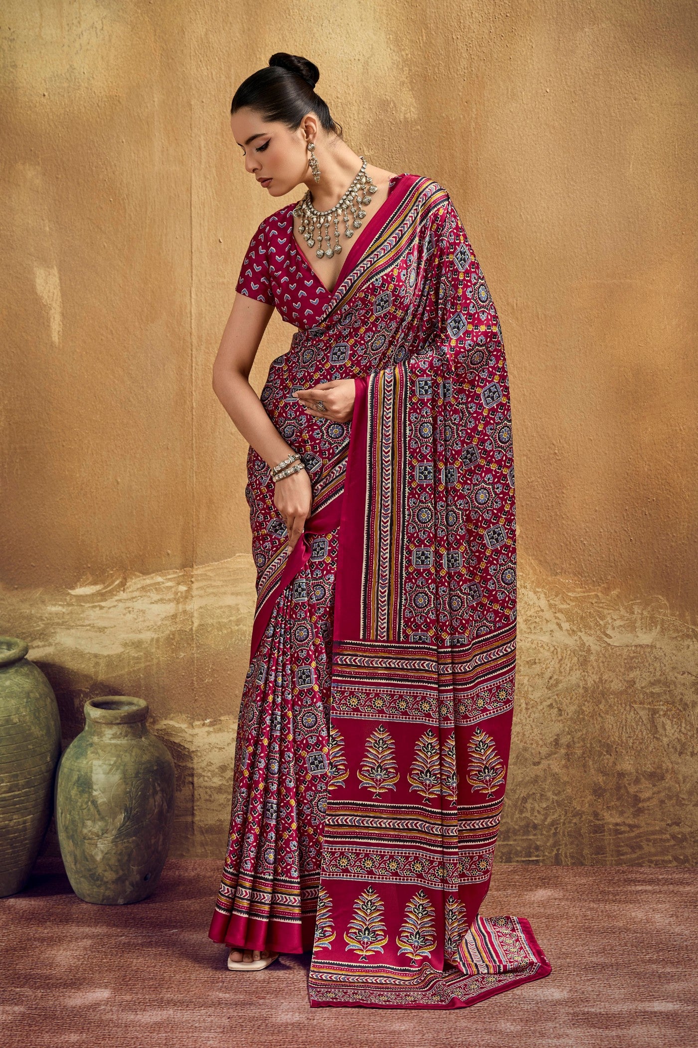 Buy MySilkLove Angare Maroon Modal Ajrakh Satin Printed Silk Saree Online