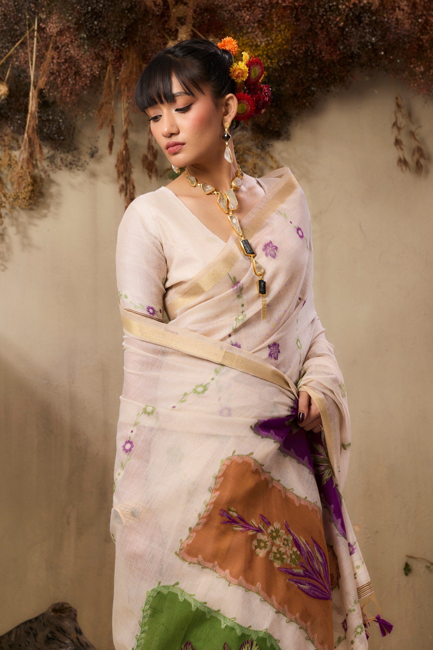 Buy MySilkLove Porcelain Cream Handloom Muga Cotton Saree Online