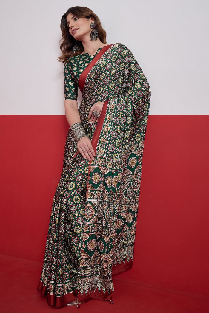 Buy MySilkLove Bottle Green Modal Ajrakh Satin Printed Mirror Work Saree Online