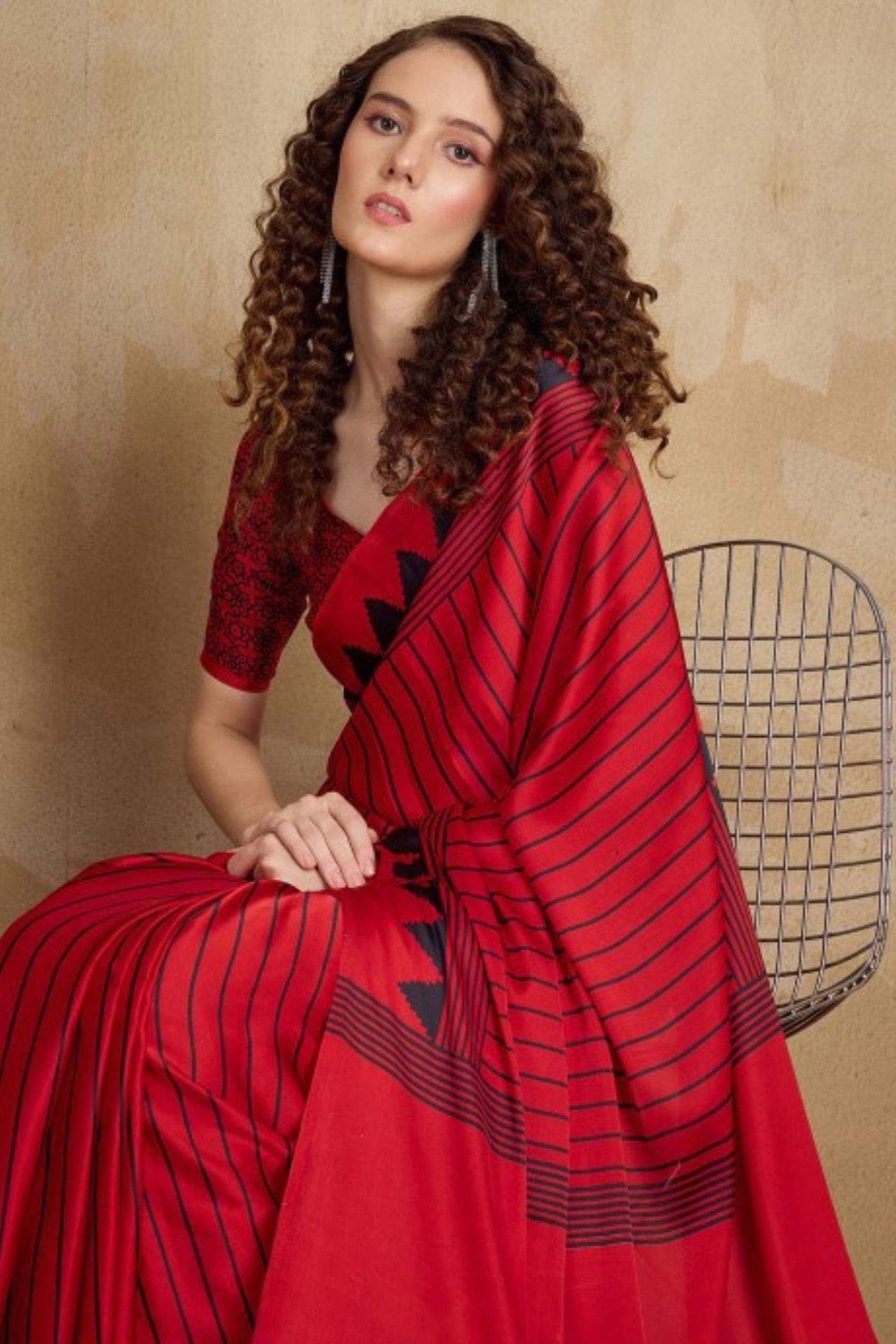 Buy MySilkLove Pomegranate Red Ajrakh Printed Satin Crepe Silk Saree Online