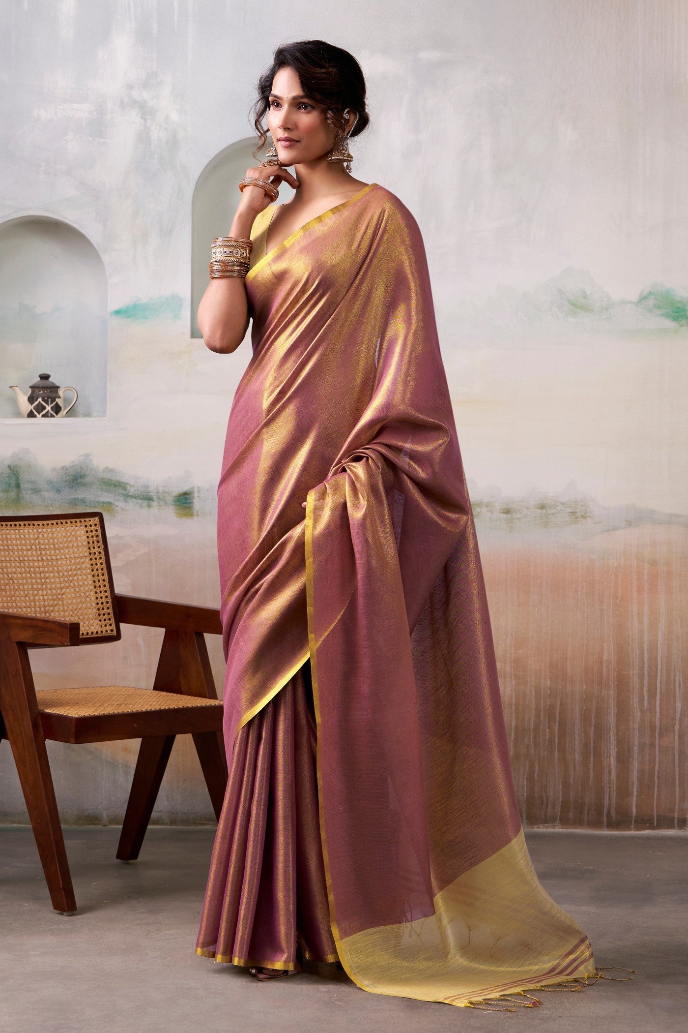 Buy MySilkLove Pecan Brown Handloom Tissue Saree Online