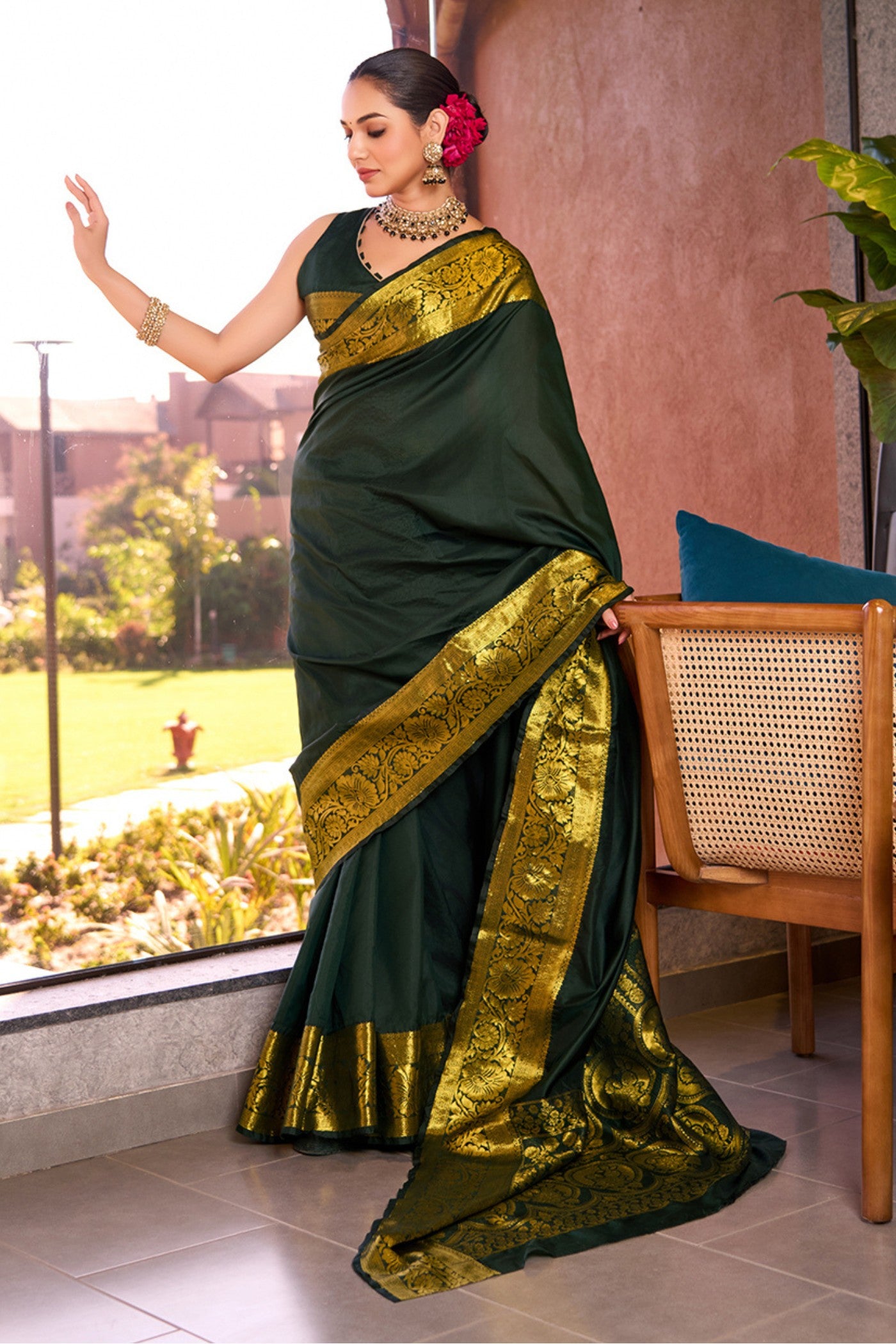 Buy MySilkLove Casal Green Woven Banarasi Saree Online