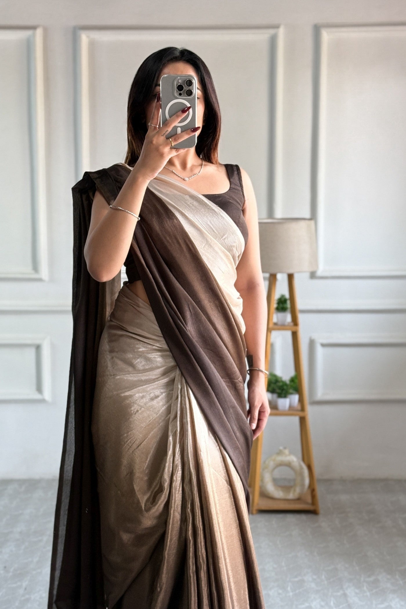 Buy MySilkLove Mocha Brown Chinon Ready To Wear Saree Online