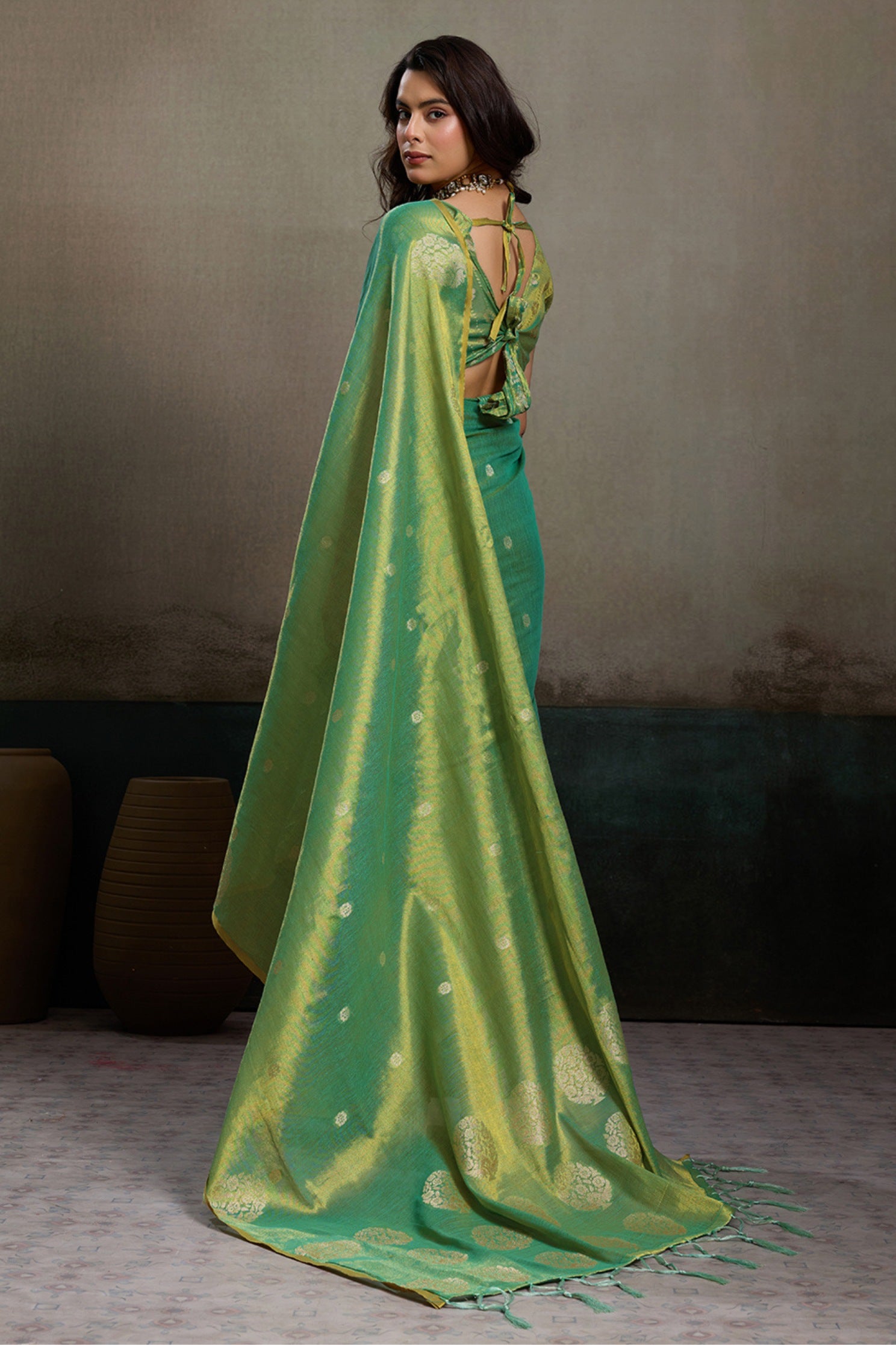 Buy MySilkLove Mint Green Woven Tissue Saree Online