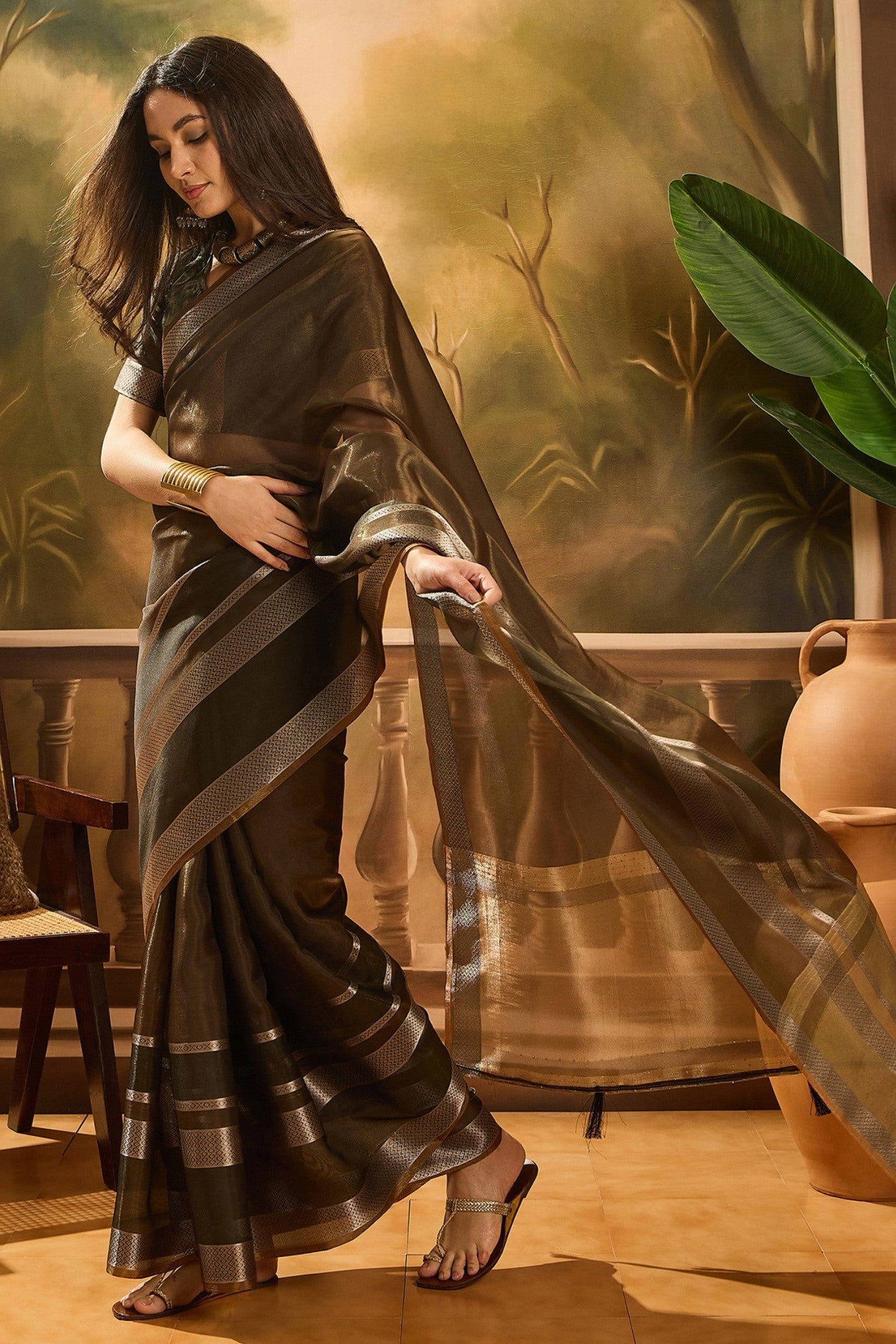 Buy MySilkLove Pecan Brown Woven Organza Saree Online