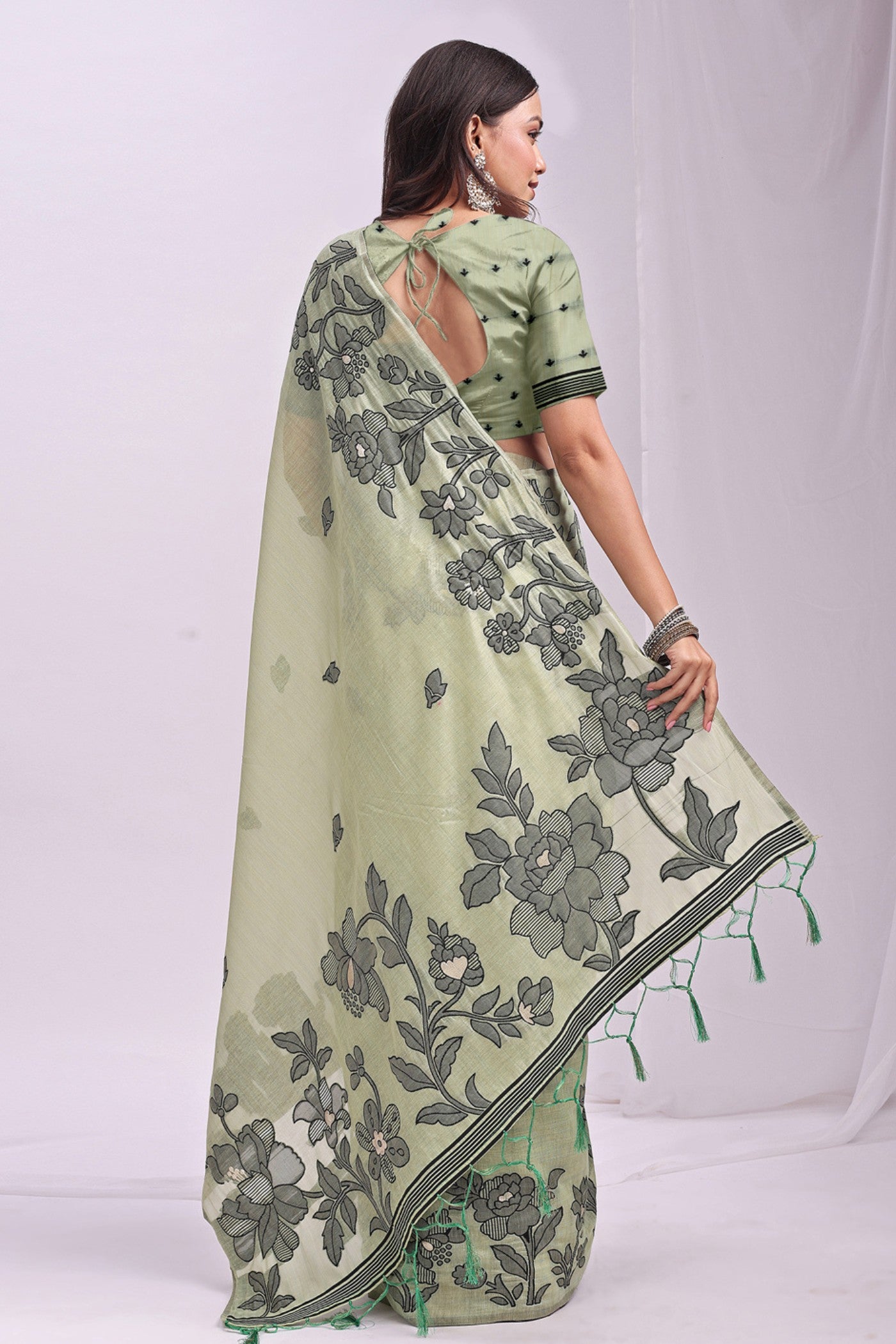Buy MySilkLove Mint Green Woven Linen Cotton Saree Online