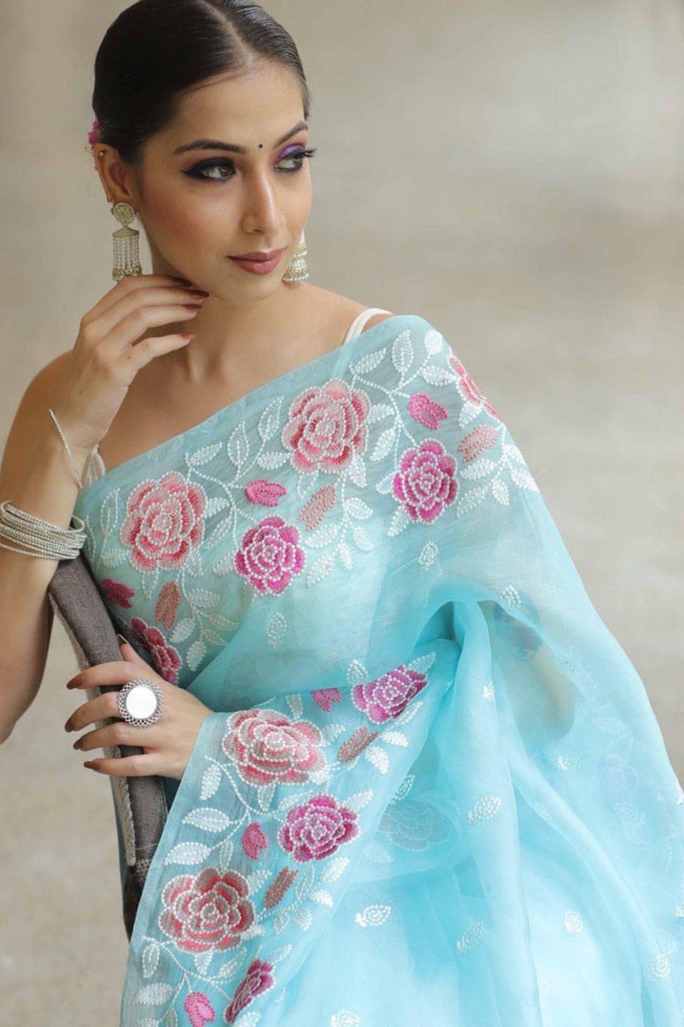 Buy MySilkLove Sky Blue Organza Partywar Saree Online