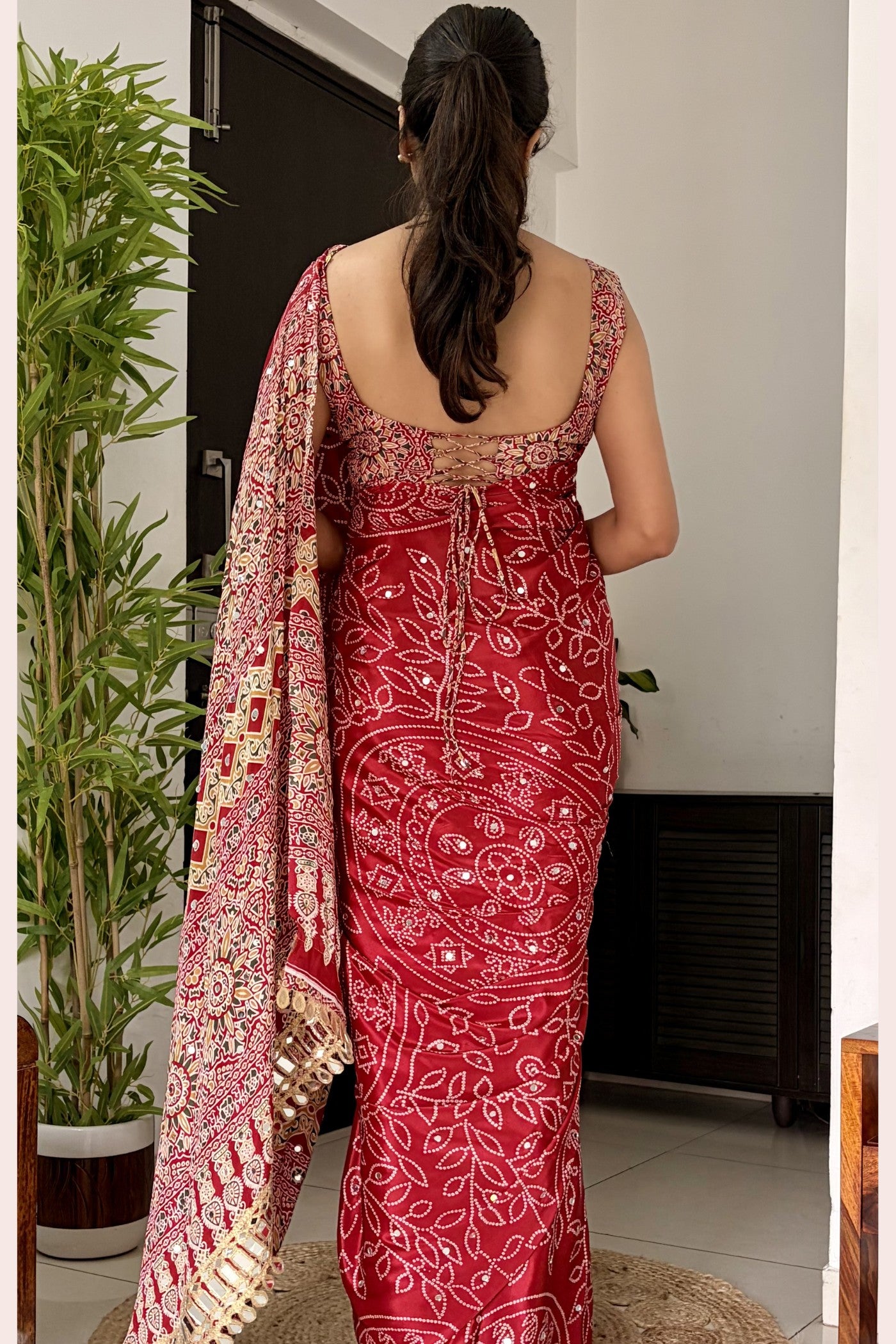 Buy MySilkLove Bittersweet Red Modal Ajrakh Satin Printed Mirror Work Saree Online