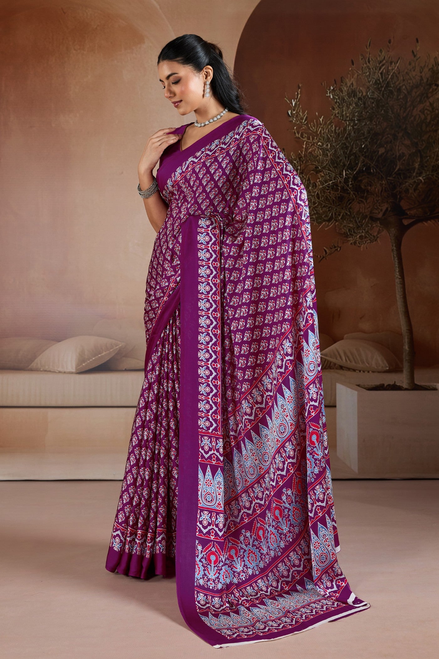 Buy MySilkLove Berry Purple Ajrakh Printed Satin Crepe Silk Saree Online
