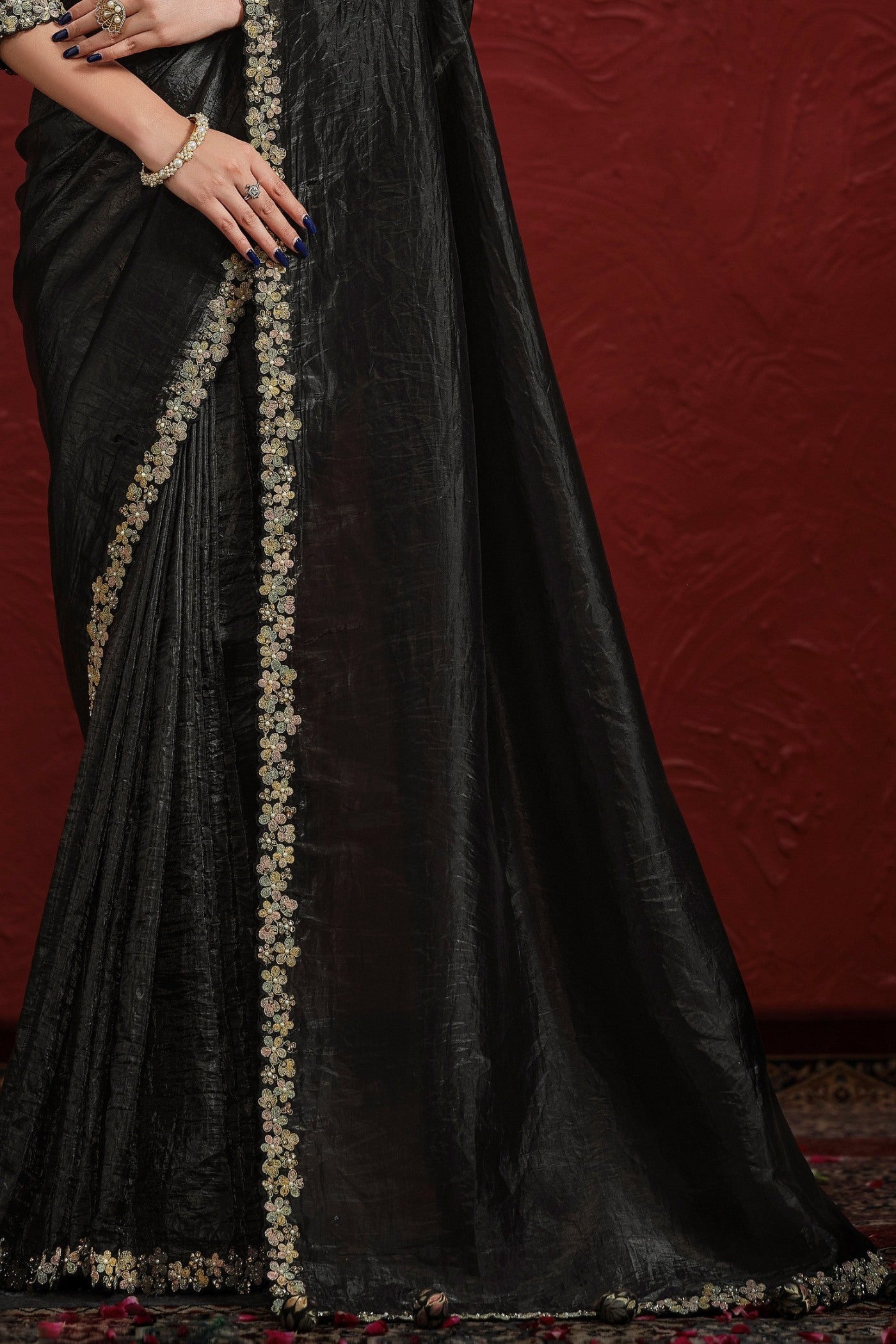 Buy MySilkLove Spider Black Paper Silk Saree with Stitched Blouse Online