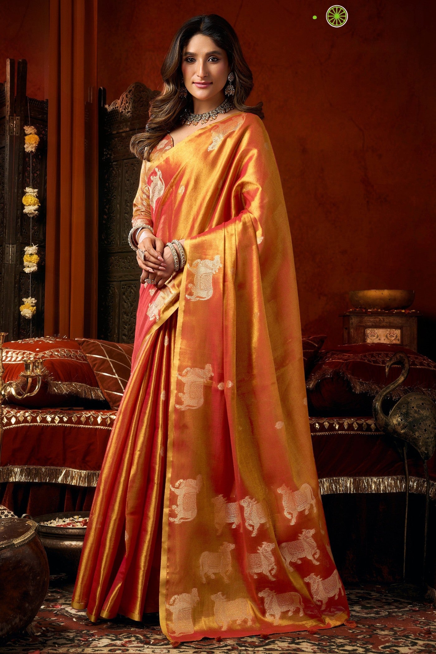 Buy MySilkLove Vivid Orange Handloom Tissue Saree Online