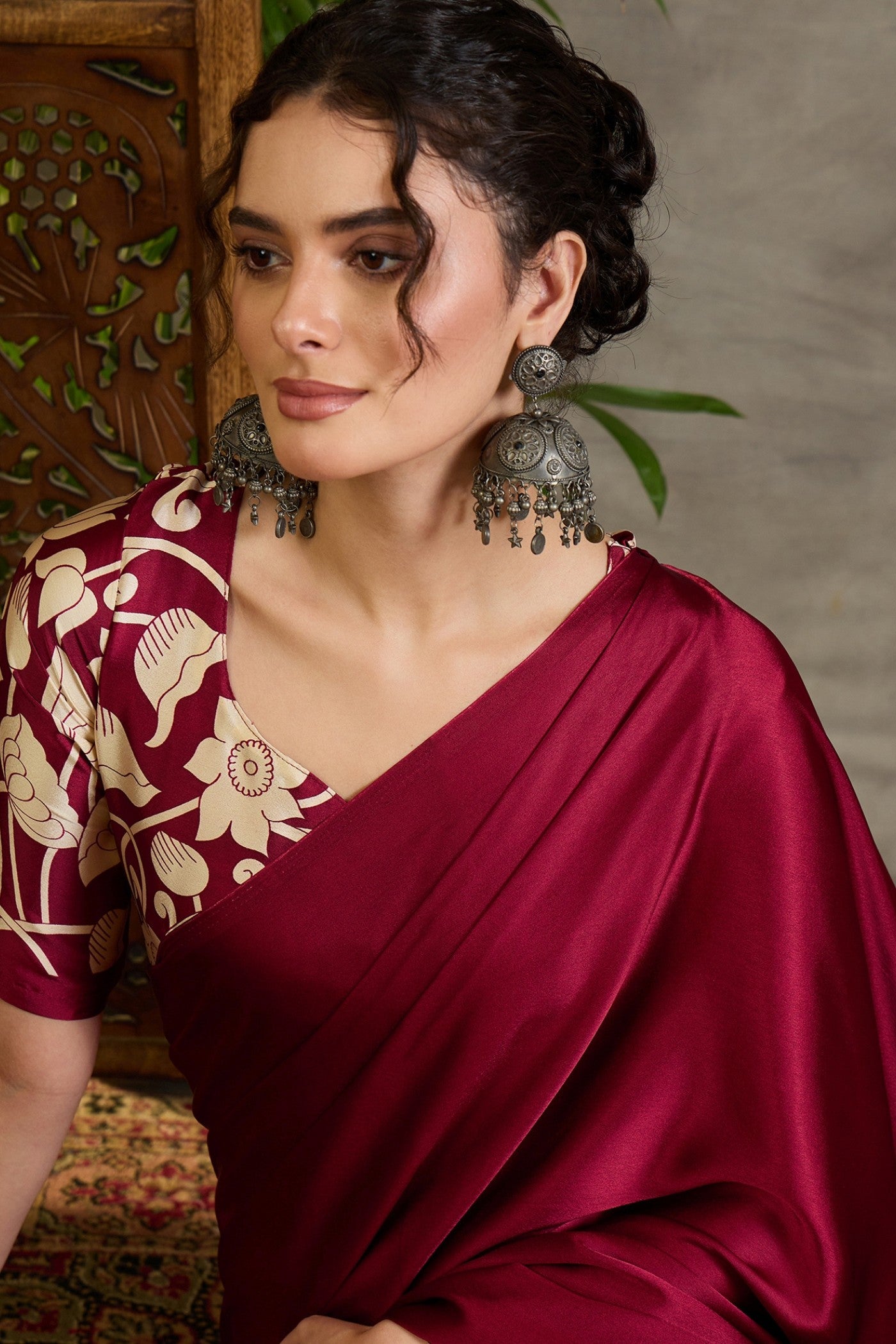 Buy MySilkLove Vintage Maroon Kalamkari Printed Satin Silk Saree Online