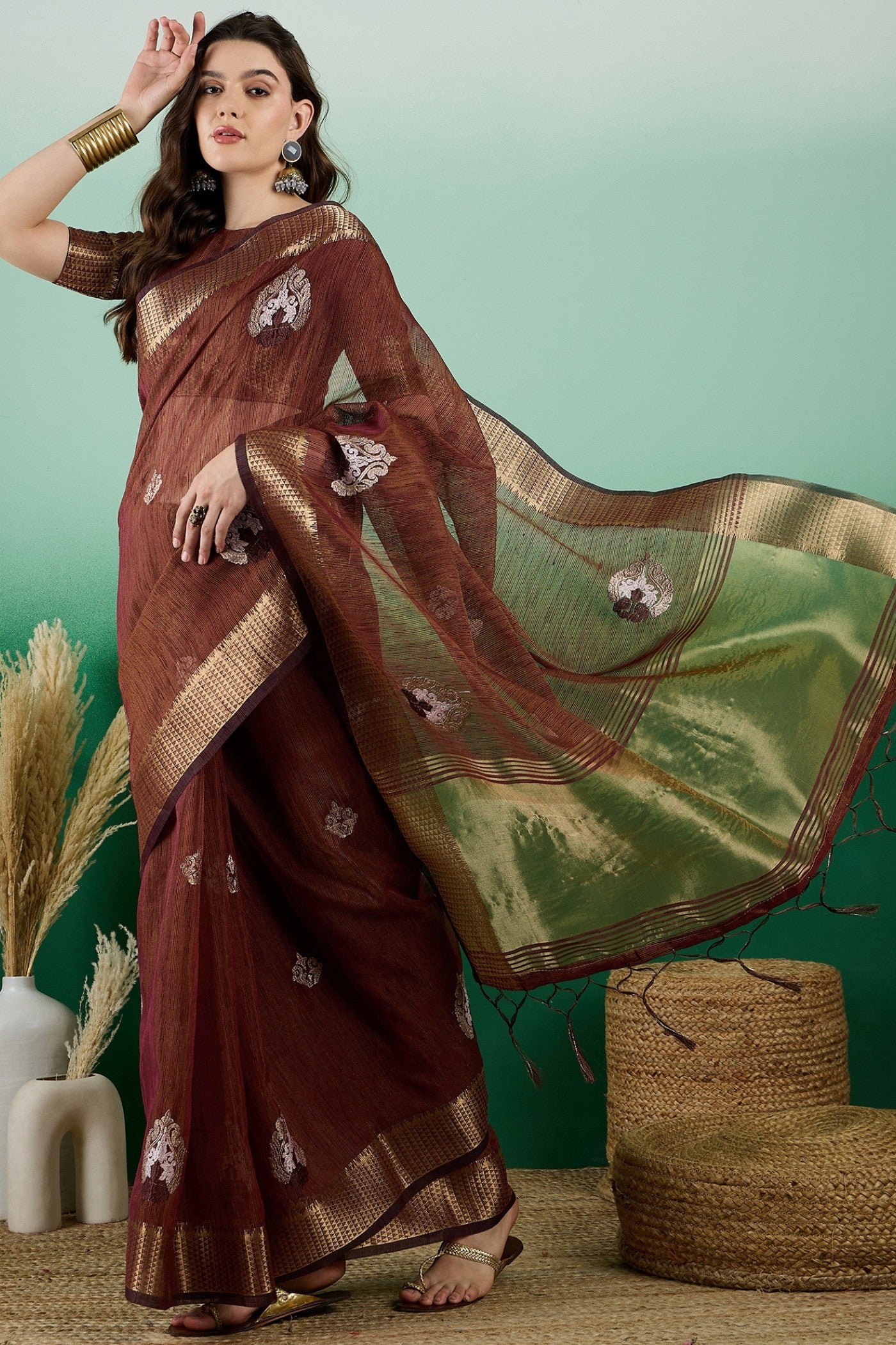 Buy MySilkLove Quincy Brown Organza Saree Online