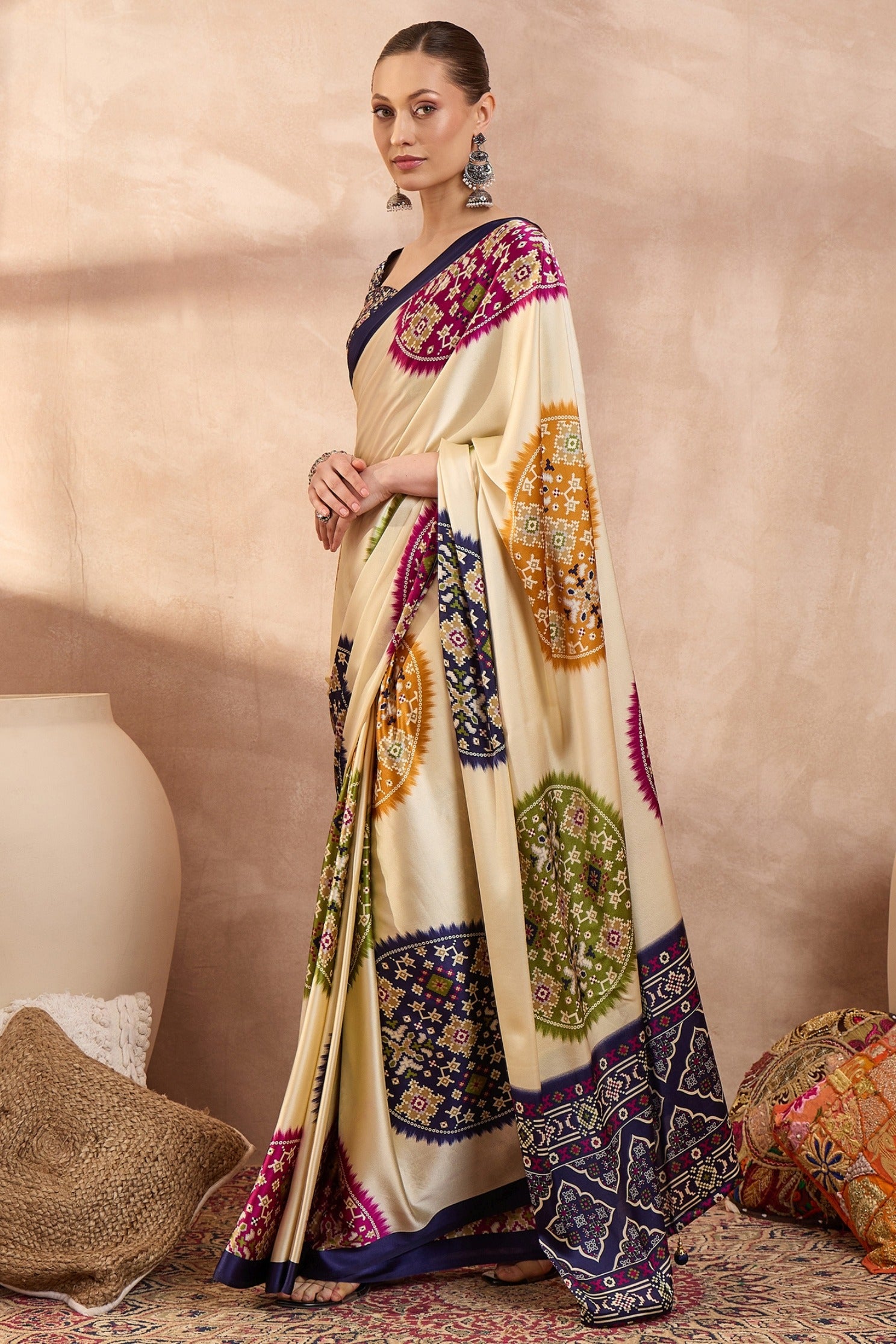 Buy MySilkLove Apricot Cream and Blue Modal Ajrakh Printed Silk Saree Online