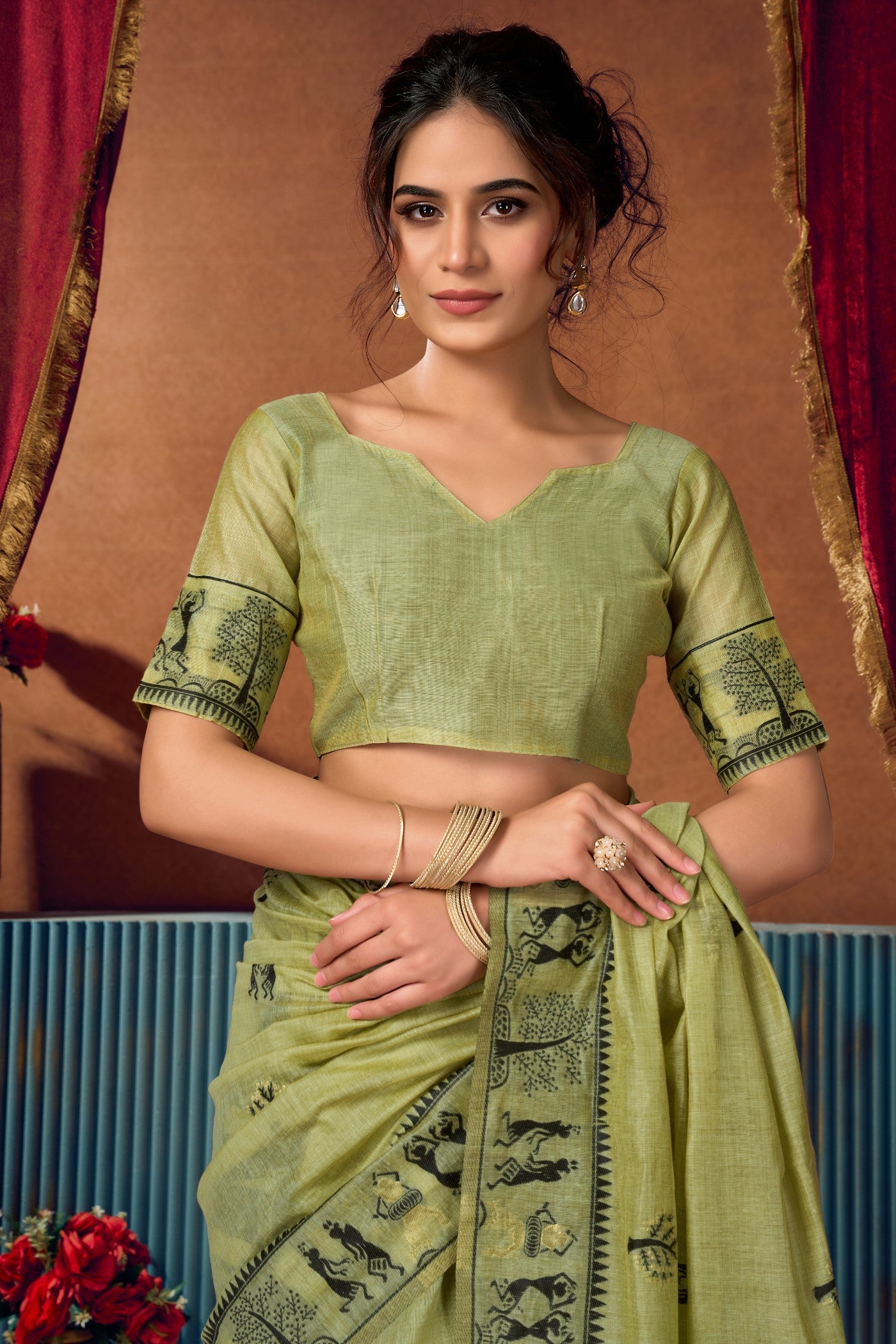 Buy MySilkLove Pista Green Woven Modal Cotton Saree Online