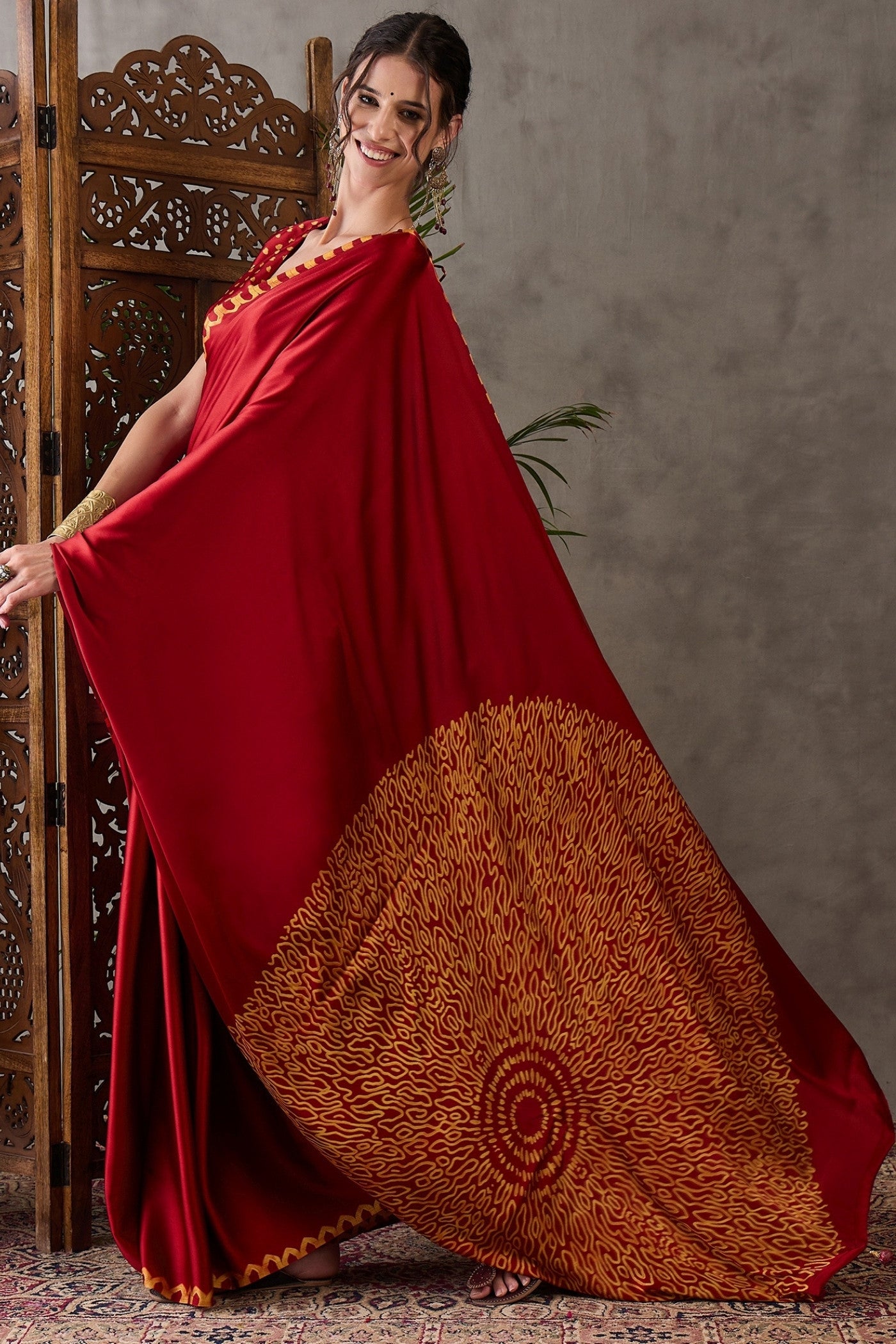 Buy MySilkLove Fire Red Printed Satin Gaji Silk Saree Online