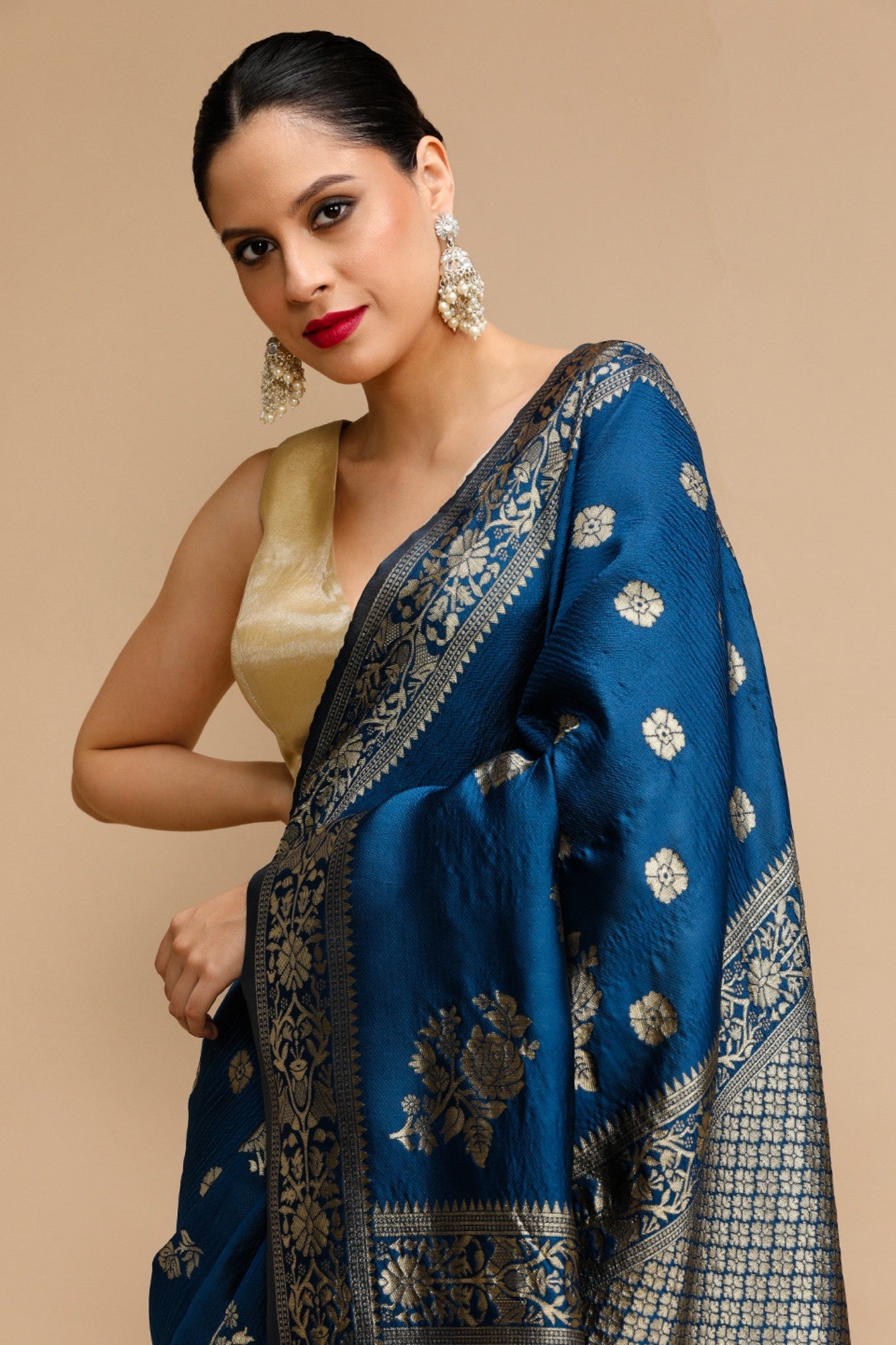 Buy MySilkLove Bismark Blue Woven Jacquard Lichi Silk Saree Online